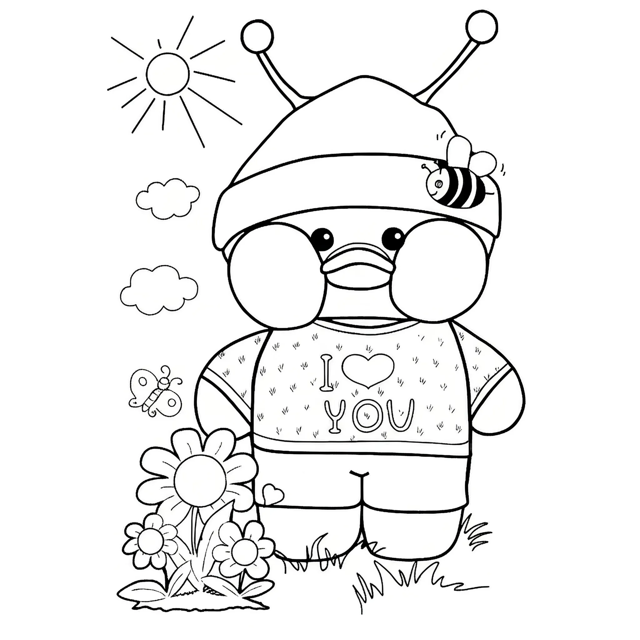 Paper Duck fofo para colorir com gorro divertido e abelha Paper Duck de bochechas cheias, gorro com abelha, camiseta, sol, nuvens, borboleta e flores na grama.