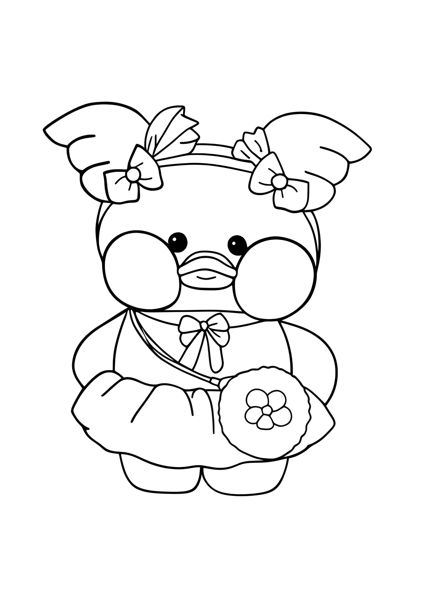 Paper Duck Fofo para Colorir: Desenho Encantador e Divertido Paper Duck adorável com tiara de laços e saia volumosa, carregando uma bolsa de flor, ideal para atividades de colorir.