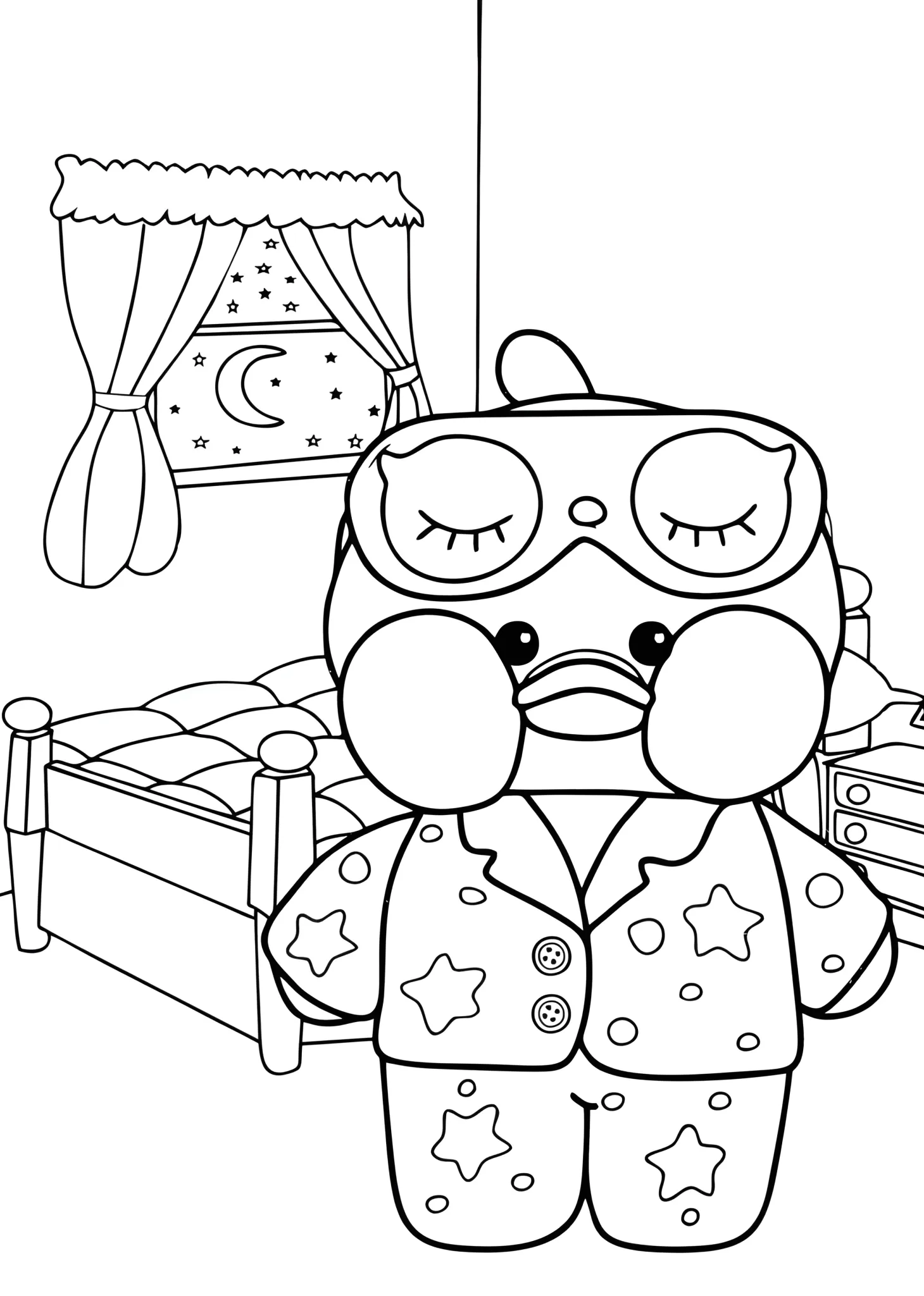 Paper Duck para Colorir: Aconchego Noturno e Sonho Estrelado Cena de Paper Duck para colorir, pronta para dormir, com pijama de estrelas e bolinhas, em seu quarto sereno.