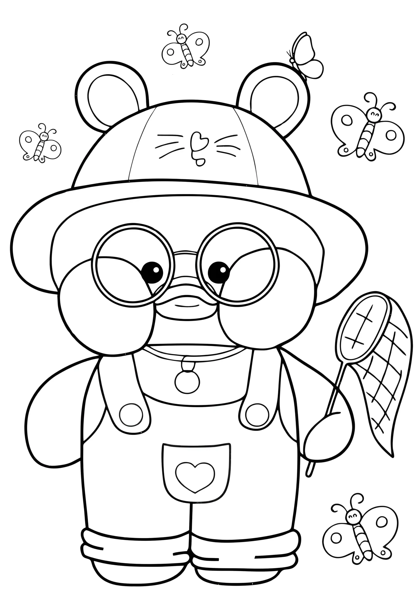 Paper Duck para Colorir: Aventura com Borboletas Paper Duck carismático com óculos e chapéu, segurando rede para borboletas coloridas. Perfeito para atividades de colorir.