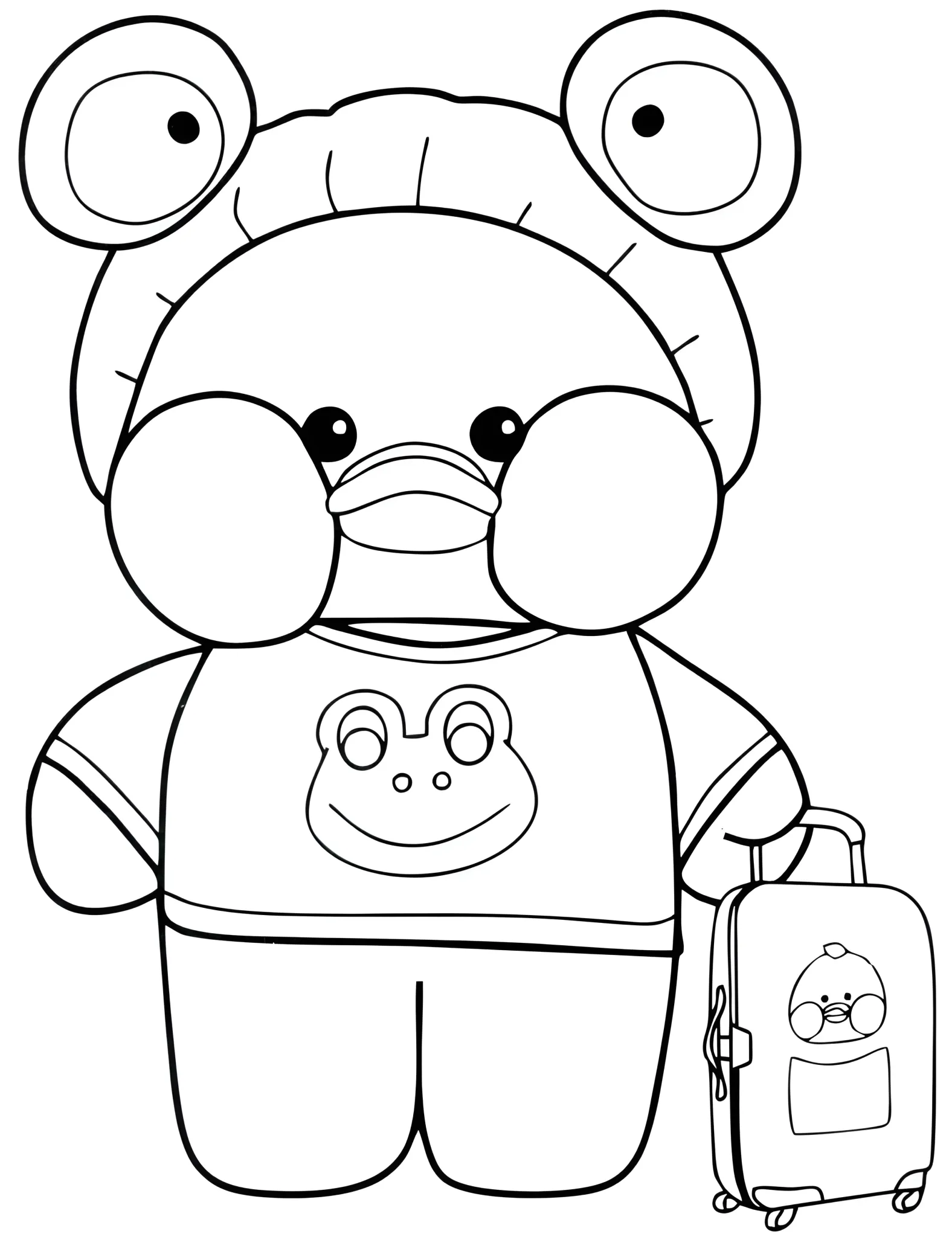 Paper Duck para Colorir: Aventura com Gorro de Sapo e Mala Paper Duck alegre com gorro de sapo e camiseta estampada, segurando uma mala de viagem divertida.