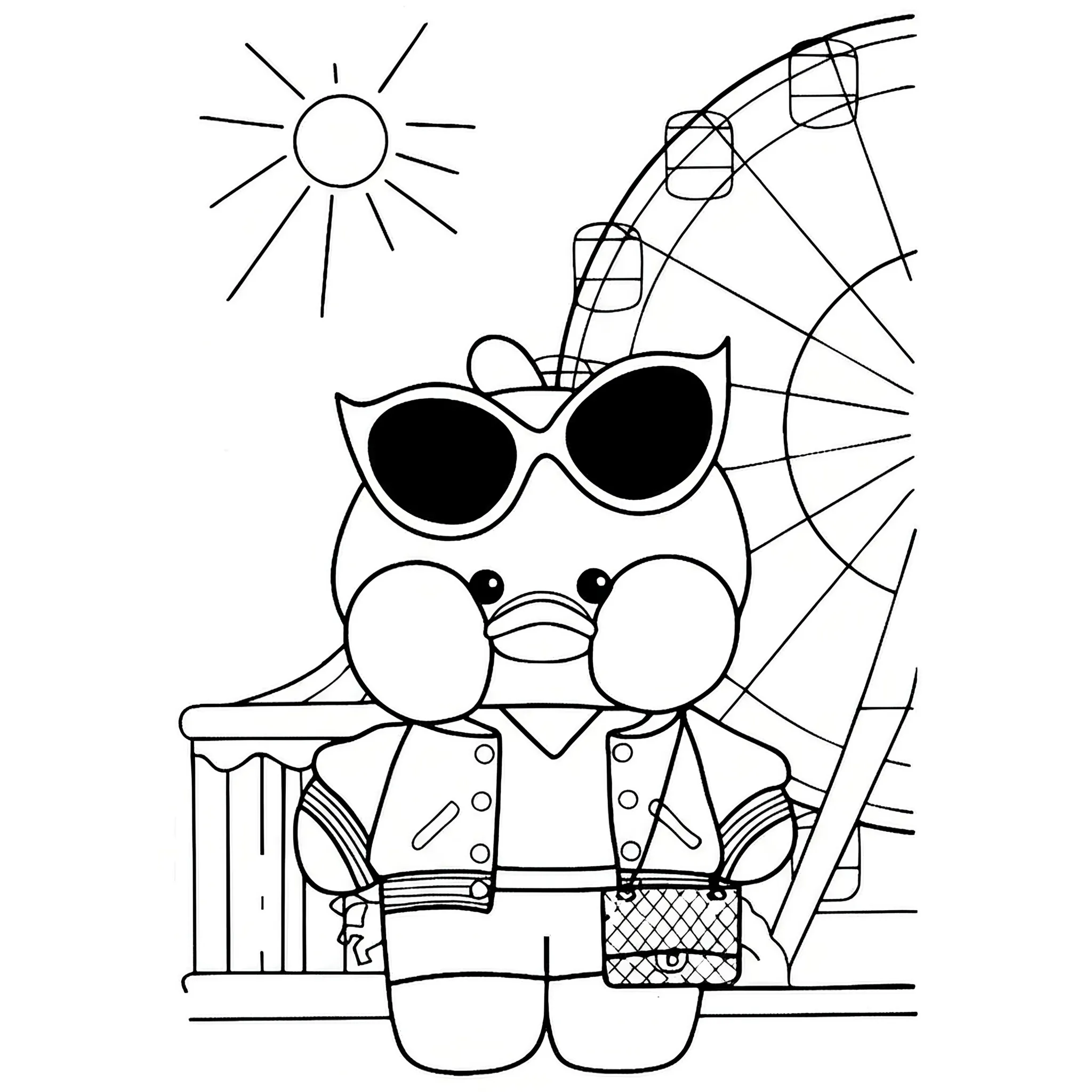 Paper Duck para colorir com óculos de sol e roda-gigante Paper Duck carismático com óculos de sol, jaqueta e short. Ao fundo, uma roda-gigante e sol radiante.