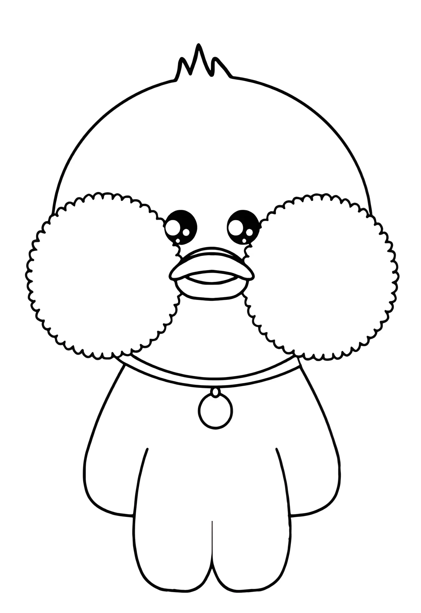 Desenho Paper Duck para colorir, com cabeça arredondada e bico aberto. Possui bochechas fofas e um colar com medalhão.