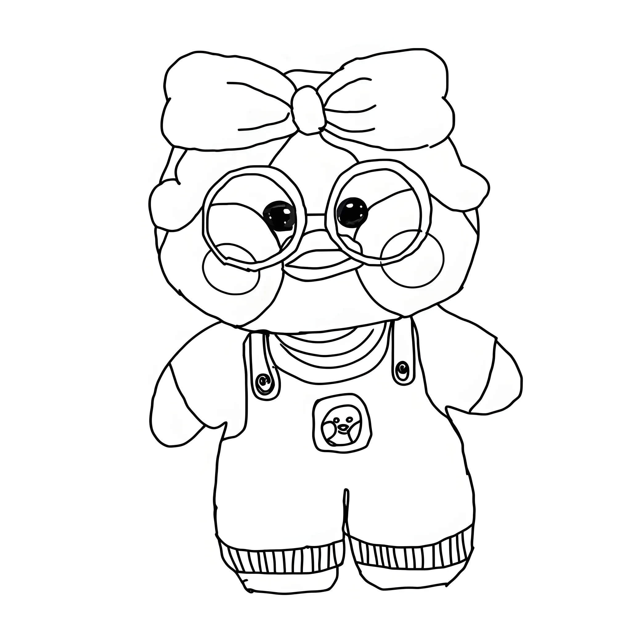 Paper Duck para colorir: Dê vida à patinha com laço e óculos Patinha Paper Duck adorável para ser colorida, em pé, com laço, óculos redondos e macacão com botões e estampa listrada.