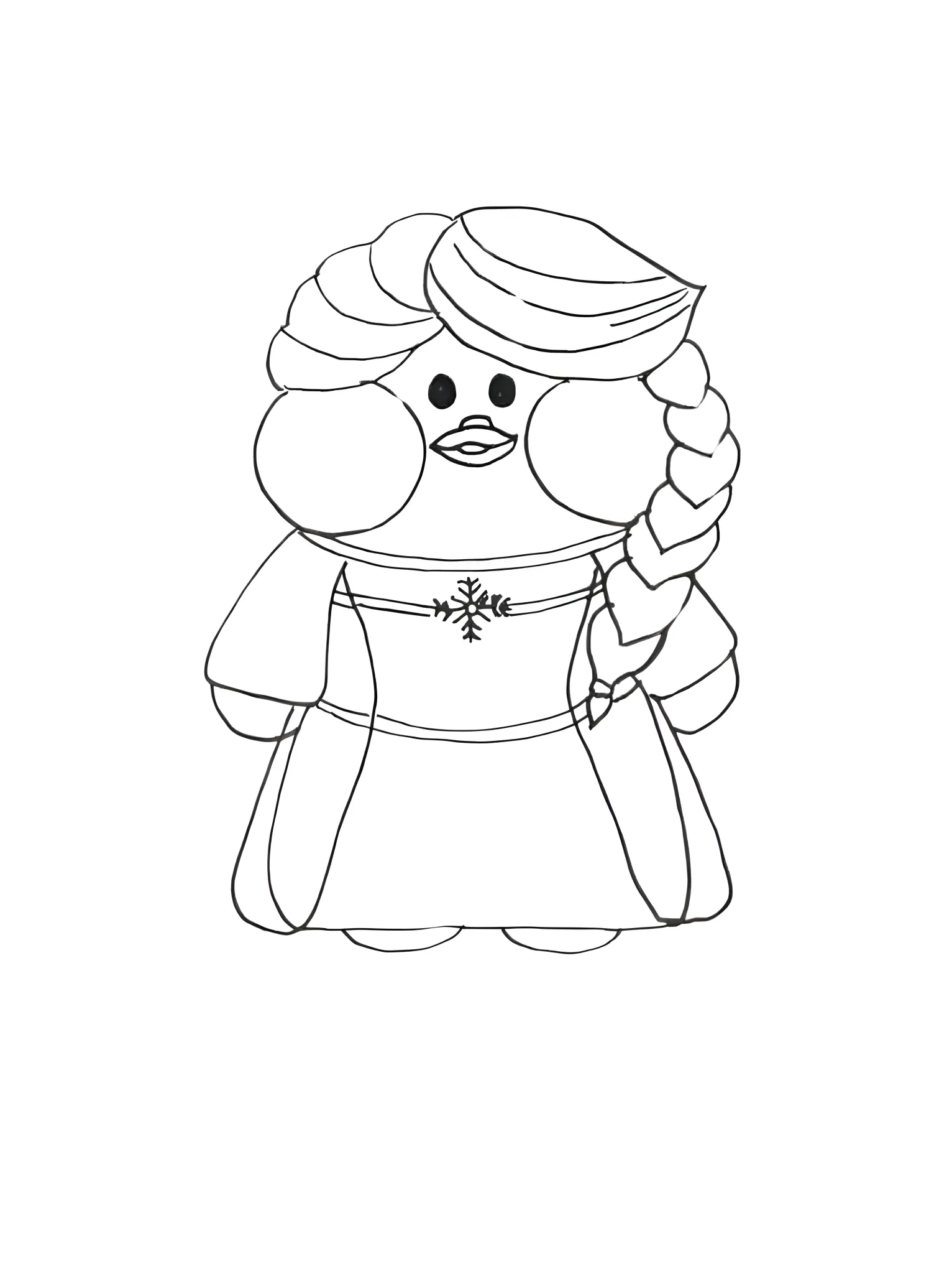 Paper Duck Princesa para Colorir: Atividade para Imprimir Paper Duck estilo princesa, bochechas grandes, olhos pequenos, trança e arranjo. Vestido com faixas e floco de neve.