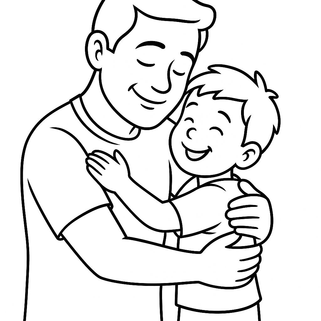 Um pai e um filho se abraçam com afeto, o homem de olhos fechados e a criança sorrindo. Cena de amor e conexão familiar.