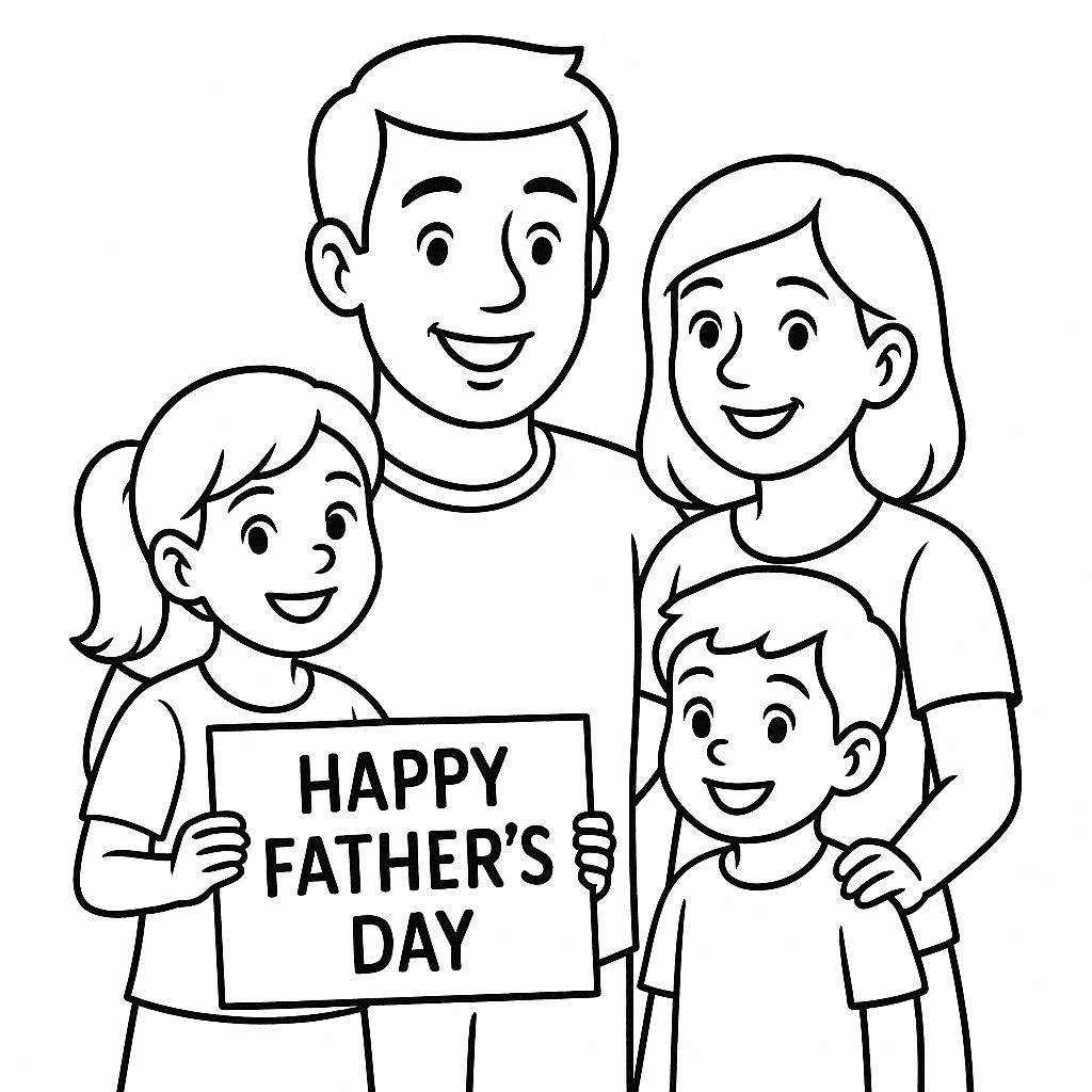 Grupo familiar feliz com pai, mãe e filhos celebrando o Dia dos Pais. A filha segura um cartaz "HAPPY FATHER'S DAY".