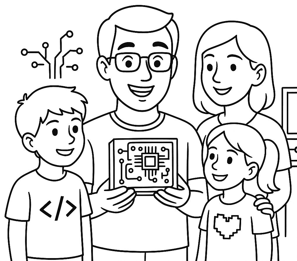 Família feliz celebrando o Dia dos Pais. Pai de óculos, segura placa de circuito. Filho, camiseta de código.