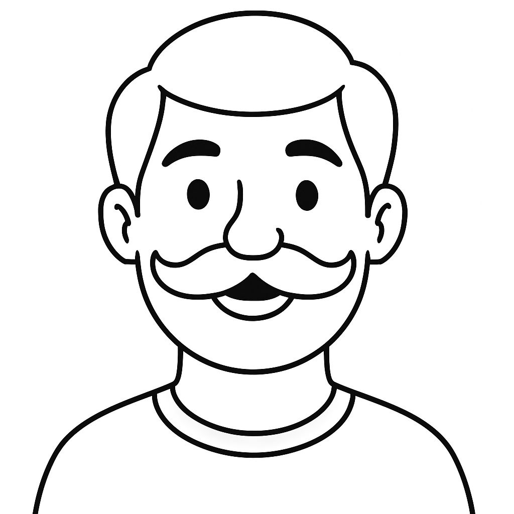 Desenho simples de um homem com cabelo curto, bigode marcante e sorriso sutil, vestindo camiseta, pronto para ser colorido.