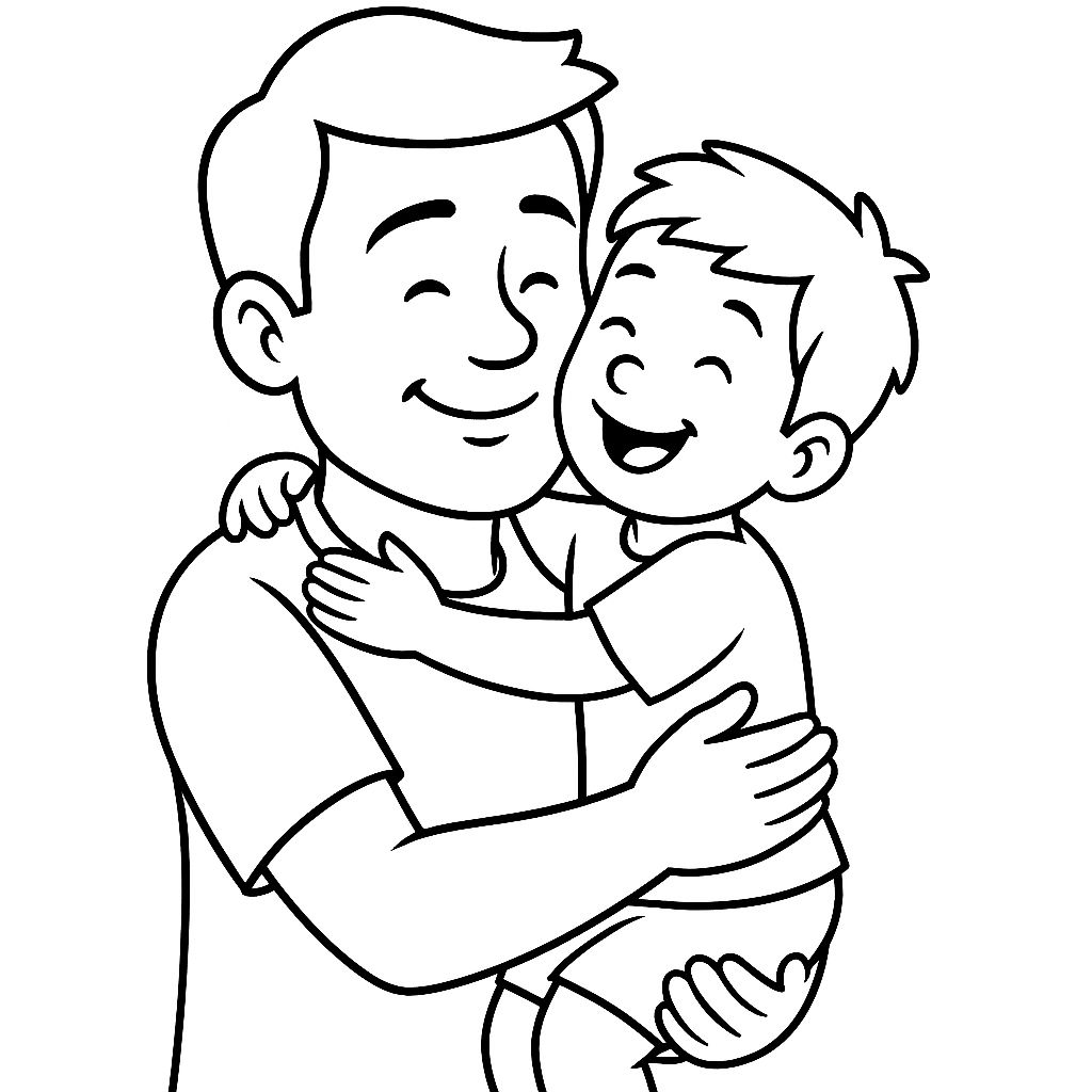 Cena de Dia dos Pais com pai e filho abraçados e sorridentes, ideal para colorir e celebrar o amor familiar.