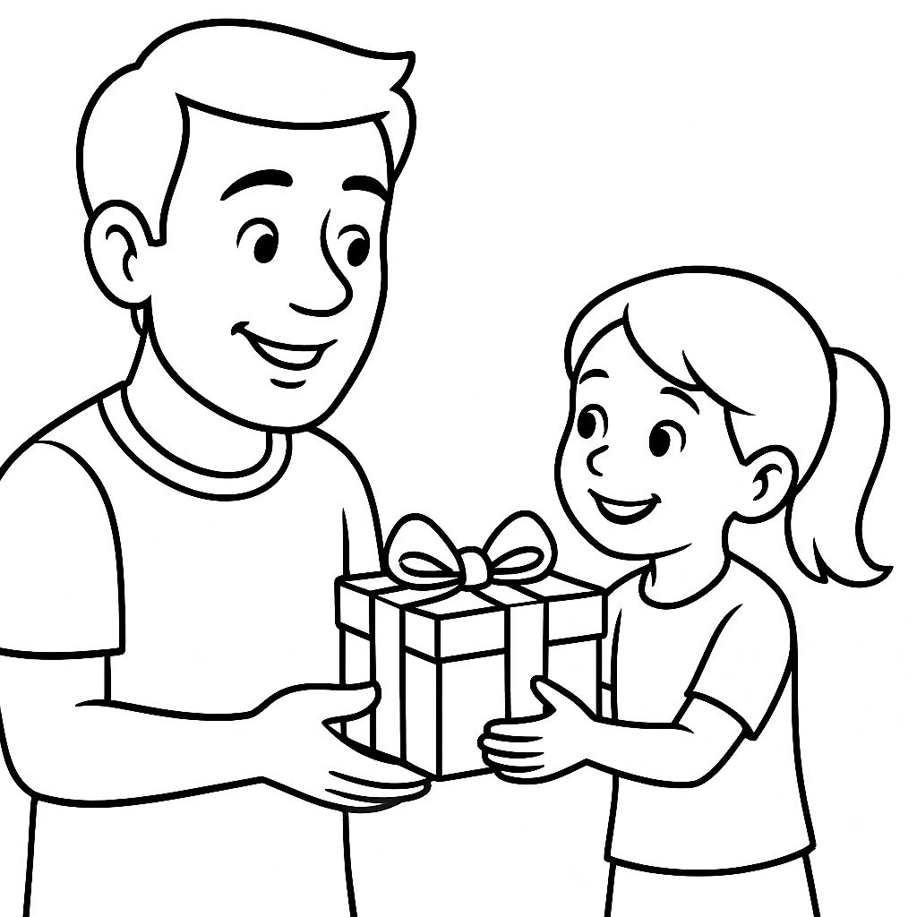 Pai e filha sorridentes, lado a lado, trocando carinho e segurando um presente no Dia dos Pais.