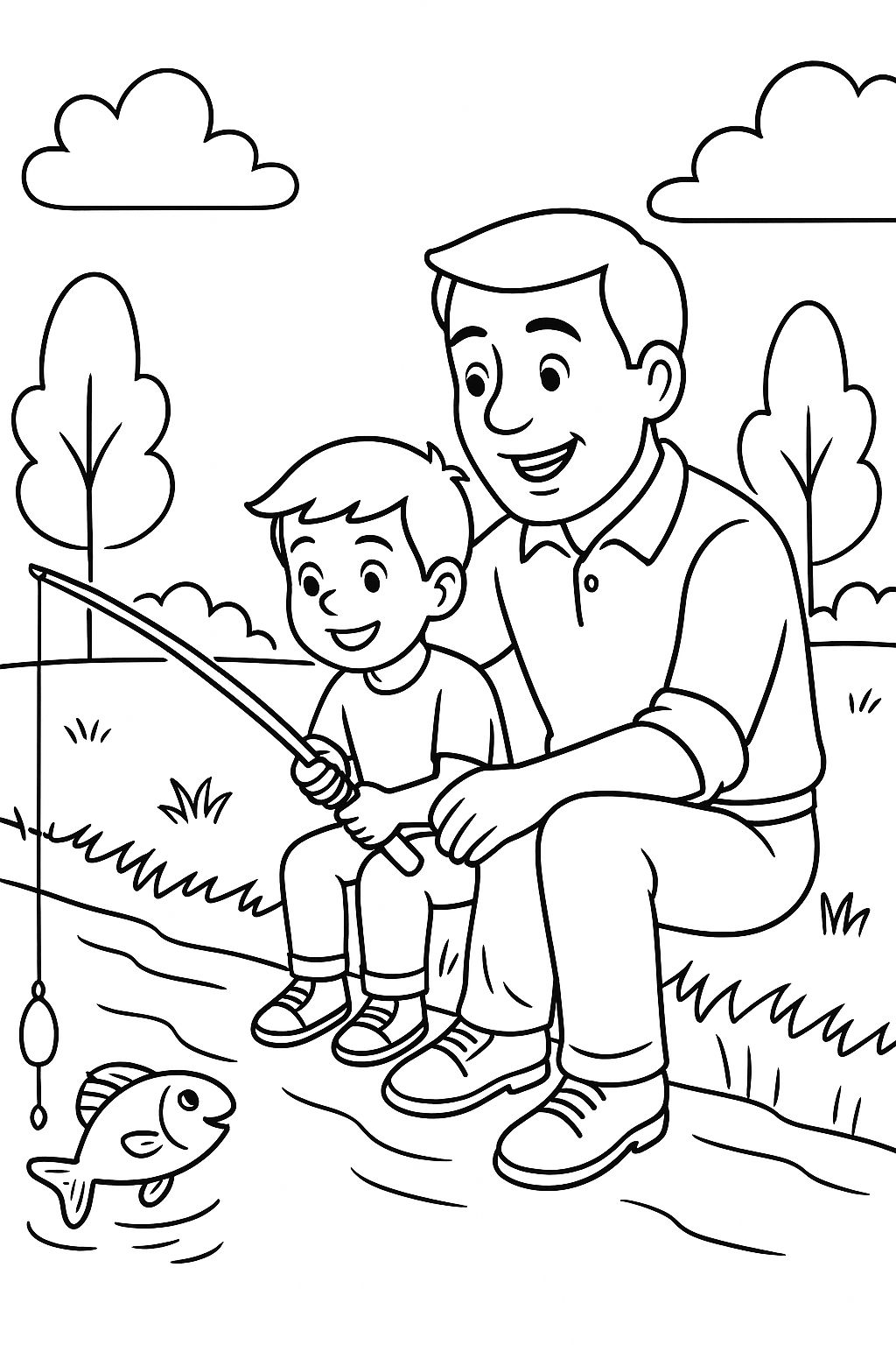 Pai e filho sorrindo em um momento de pesca tranquila, com peixe fisgado. Representa a união e felicidade no Dia dos Pais.