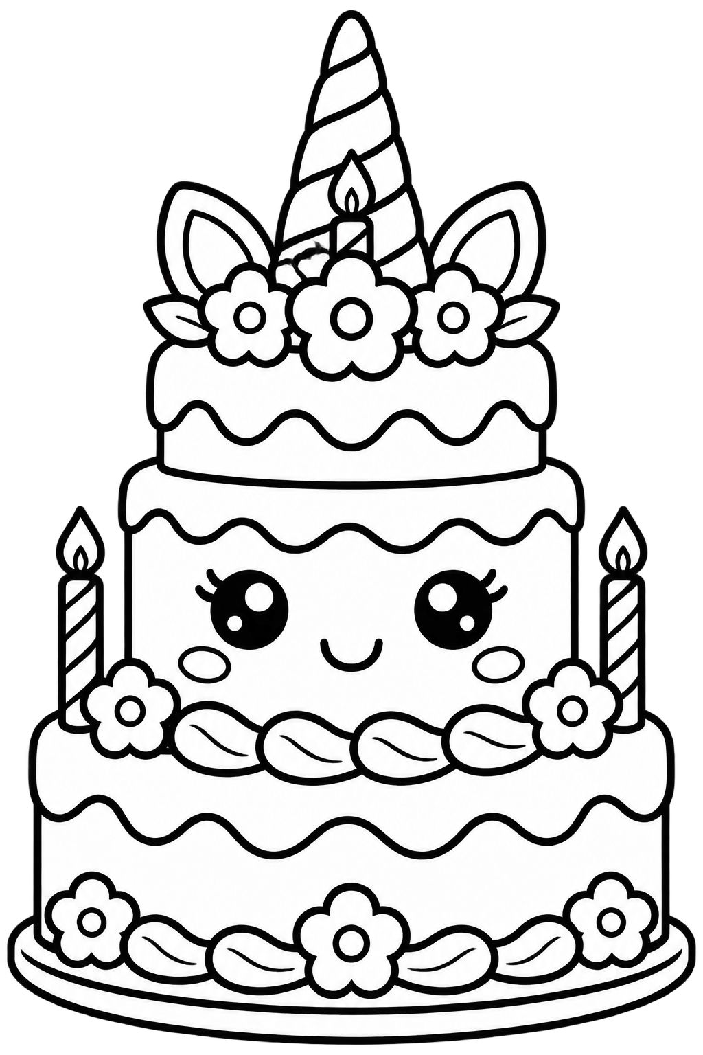 Bolo de Aniversário de Unicórnio em Desenho para Colorir Bolo de aniversário de três andares com chifre e rosto de unicórnio, em traços pretos para colorir
