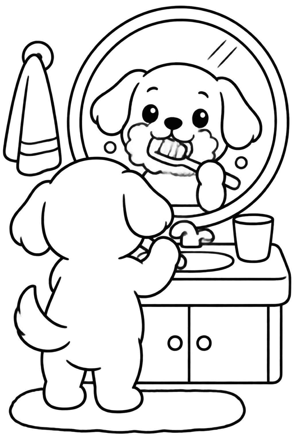 Cachorrinho fofo escovando os dentes no espelho Cachorrinho adorável escovando os dentes diante do espelho do banheiro com espuma na boca e sorrindo