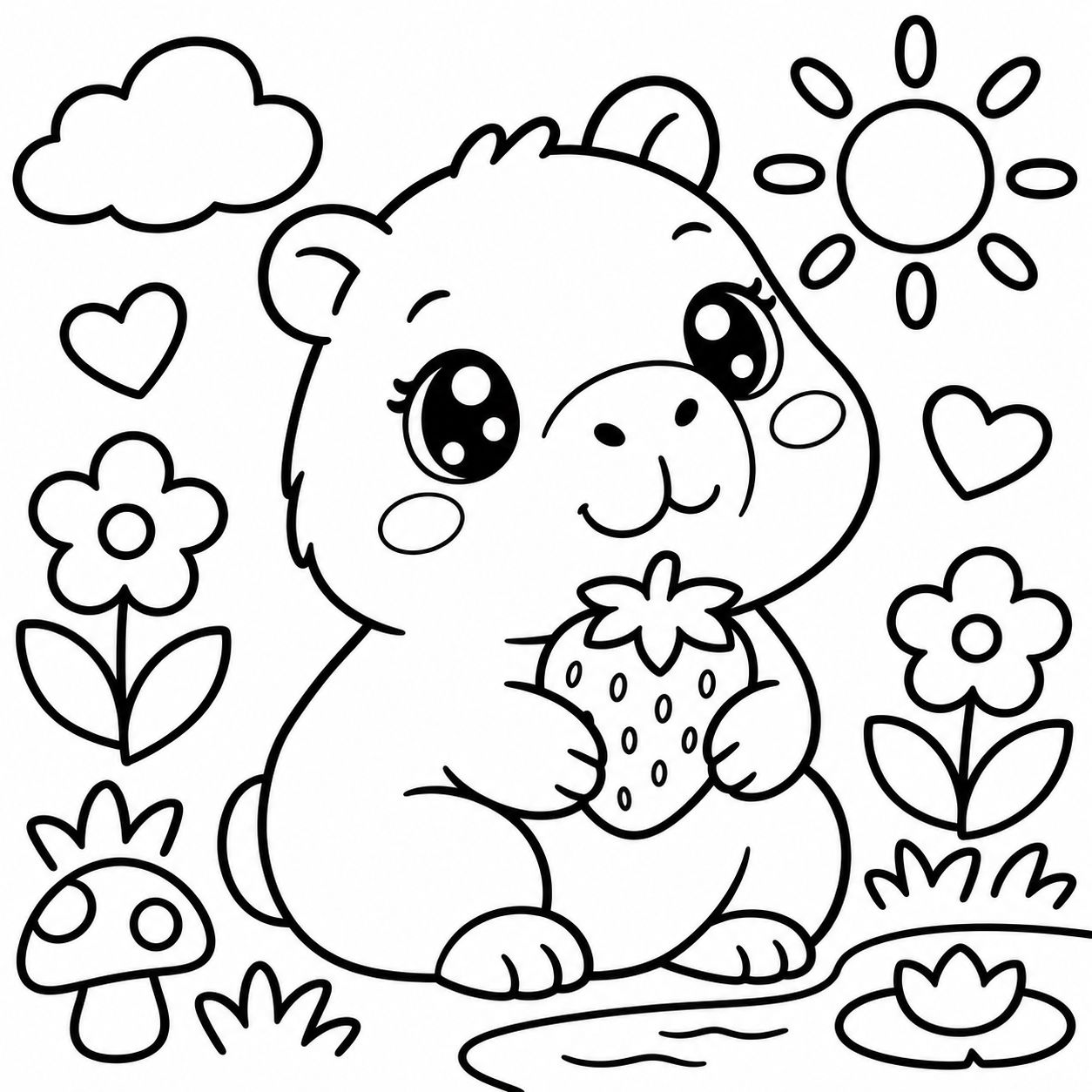 Desenho de capivara kawaii para colorir segurando um morango num dia de sol, com nuvem, flores e uma lagoa