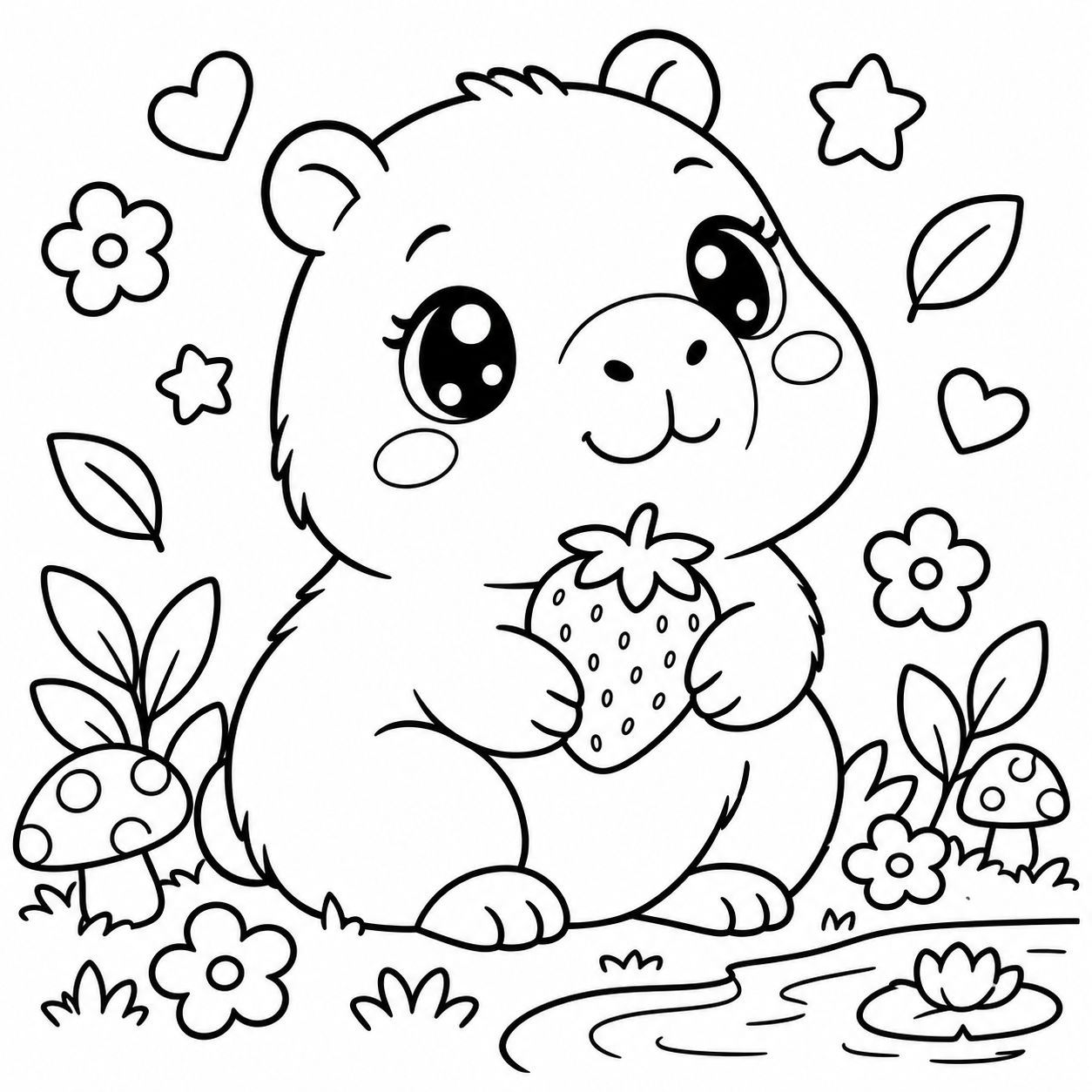 Capivara com morango no jardim para colorir Desenho de capivara kawaii para colorir, sentada no jardim segurando um morango, com flores, cogumelos e um riacho