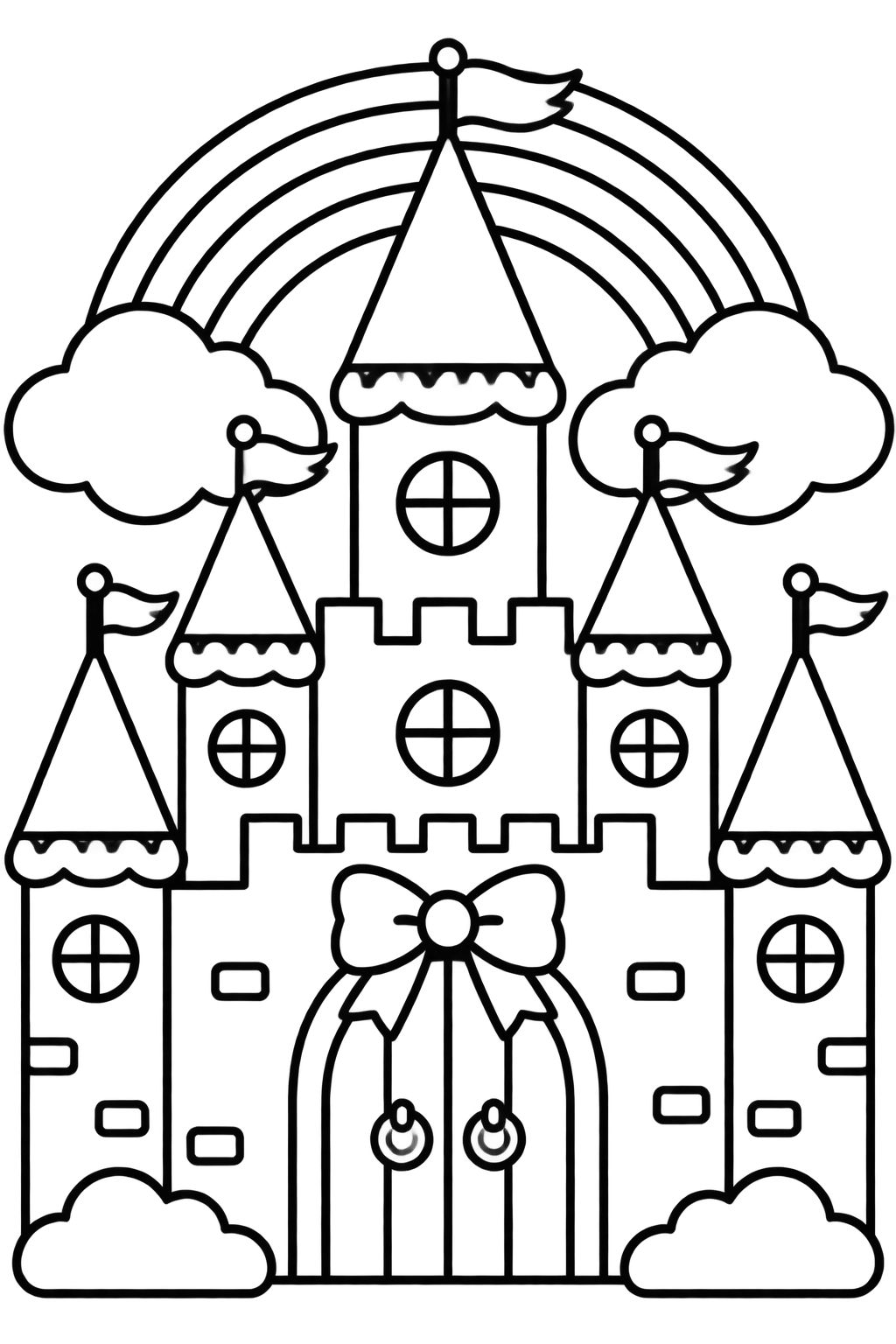 Castelo Encantado com Arco-Íris para Pintar e Colorir Castelo mágico com torres, cercado por nuvens e arco-íris, em desenho para pintar