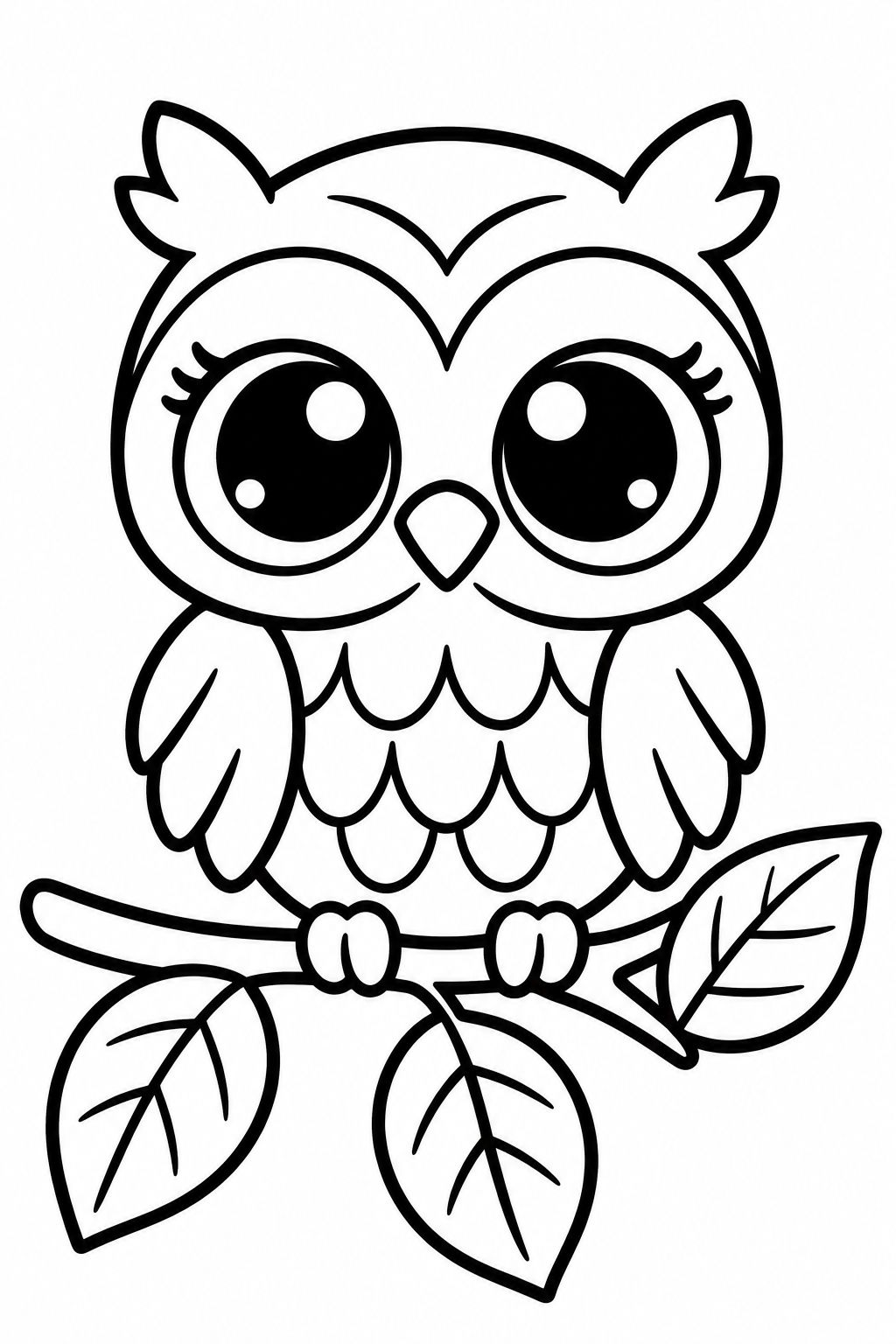 Coruja Fofinha em Galho para Colorir e Pintar Desenho de pequena coruja fofinha empoleirada em galho com folhas, com grandes olhos brilhantes e bico triangular.