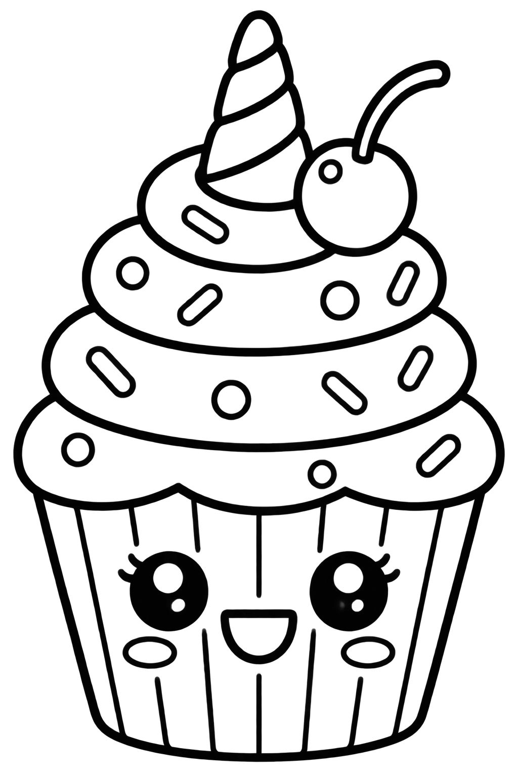 Cupcake Mágico com Chifre de Unicórnio e Confeitos Coloridos Cupcake com rosto de unicórnio, cobertura espiralada, confeitos e cereja no topo, para colorir