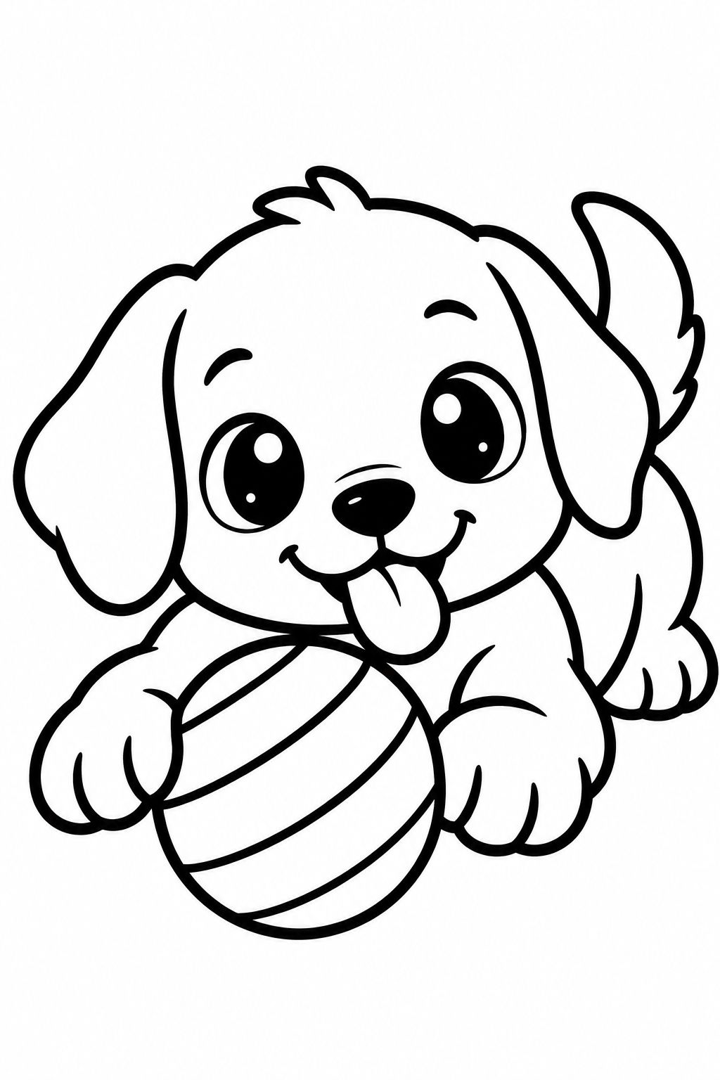 Desenho de Cachorrinho Sorridente com Bola para Colorir Filhote de cachorro brincalhão com bola listrada, traços simples em fundo branco.