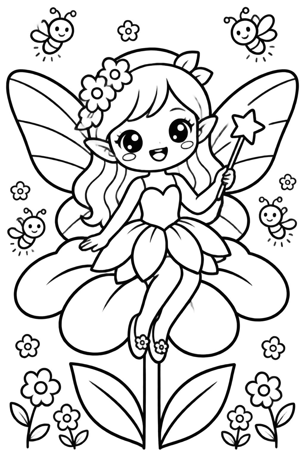 Desenho de fada no jardim para colorir com flores e abelhas Fada sorridente com asas delicadas e varinha mágica em jardim florido com abelhas voando