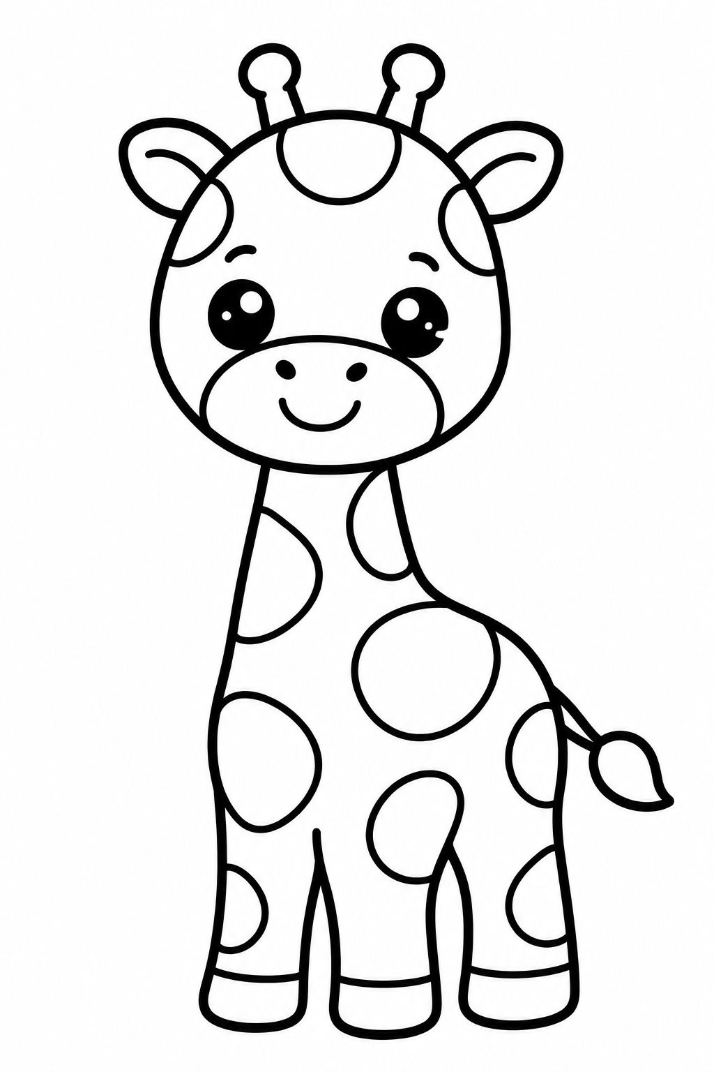 Desenho de girafa fofa para colorir com carinha feliz Girafa amigável com manchas no corpo e sorriso doce, pronta para receber cores e pintura.