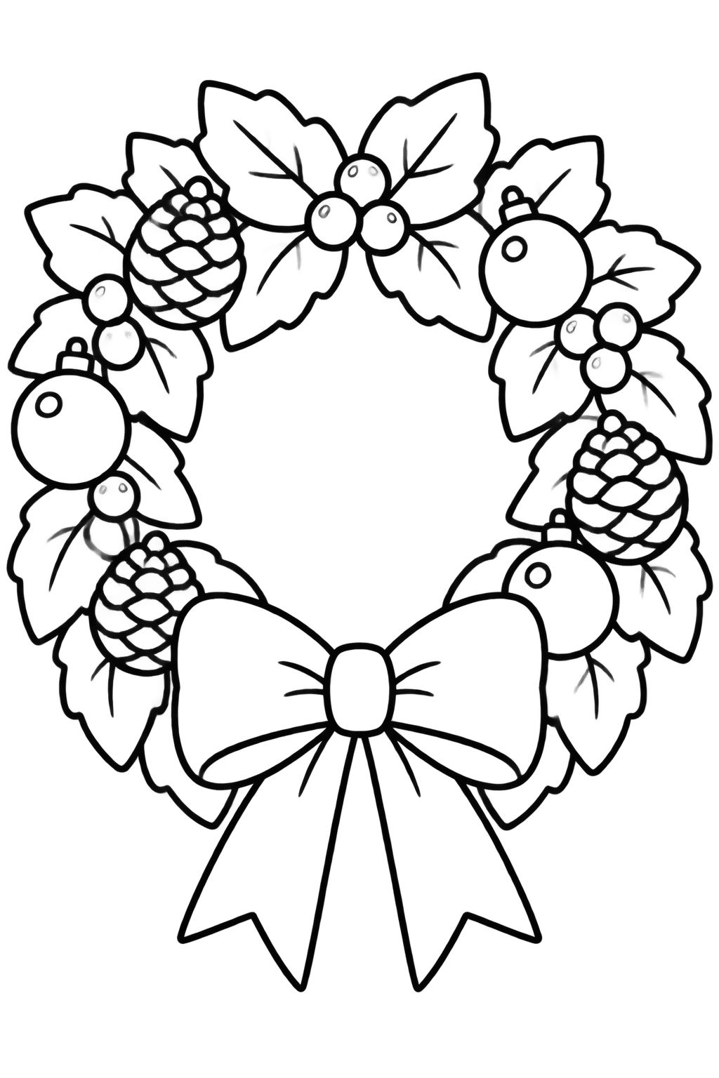 Desenho de Guirlanda Natalina com Laço para Colorir e Pintar Guirlanda de Natal em traços simples com folhas, pinhas e laço elegante para atividades criativas e pintura.