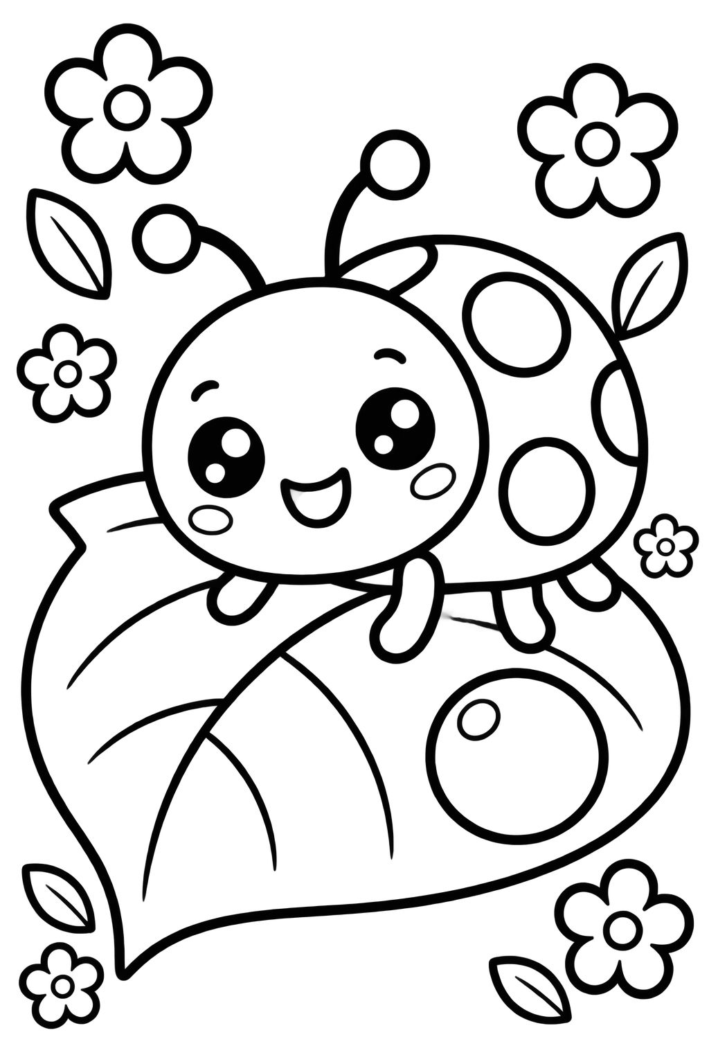 Desenho de Joaninha e Flores no Jardim para Colorir Joaninha sorridente sobre folha verde rodeada por pequenas flores para pintar com giz de cera ou lápis de cor