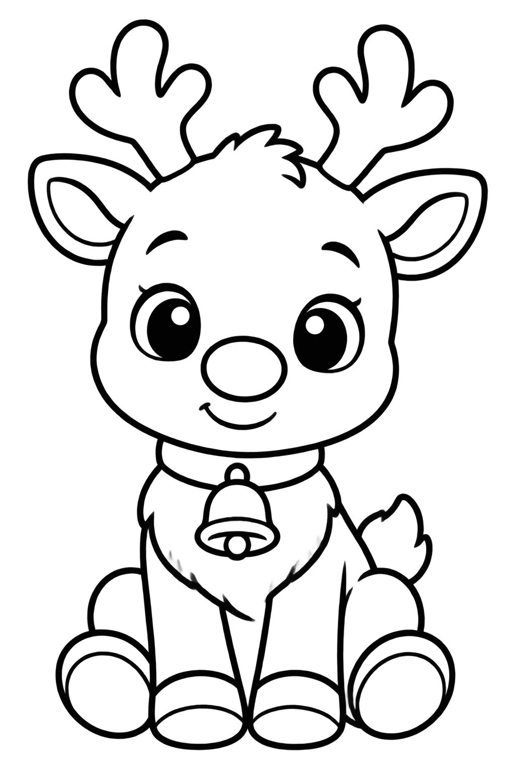 Desenho de Natal com rena fofa para colorir e pintar Rena fofa sentada com grandes olhos, chifres e sino no pescoço, pronta para receber pintura festiva.