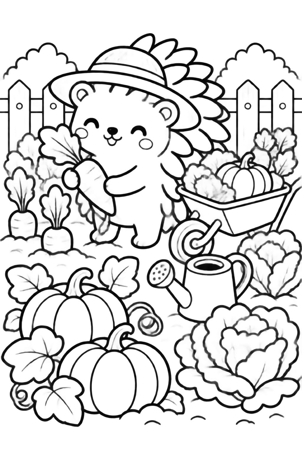 Desenho de Ouriço Colhendo Vegetais no Jardim Aconchegante Ouriço sorridente com chapéu colhendo cenouras em um jardim campestre com abóboras e cerca de madeira.