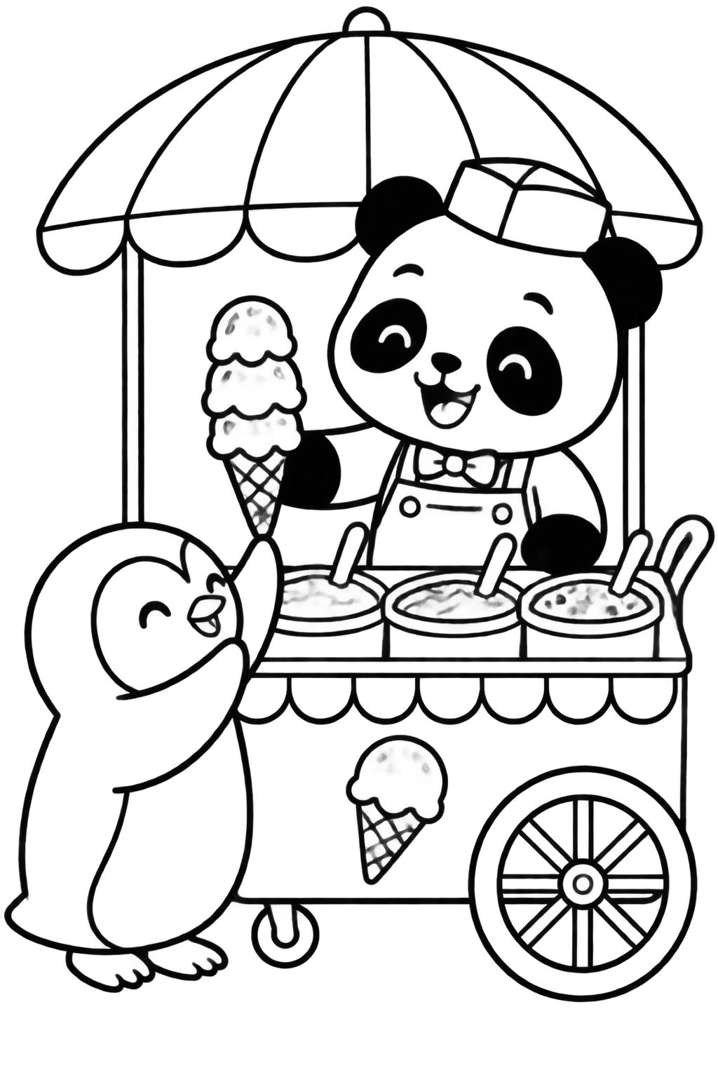 Desenho de Panda com Sorvete para Colorir e Divertir Panda sorridente com avental entrega casquinha de sorvete para um pinguim alegre em carrinho com sombrinha