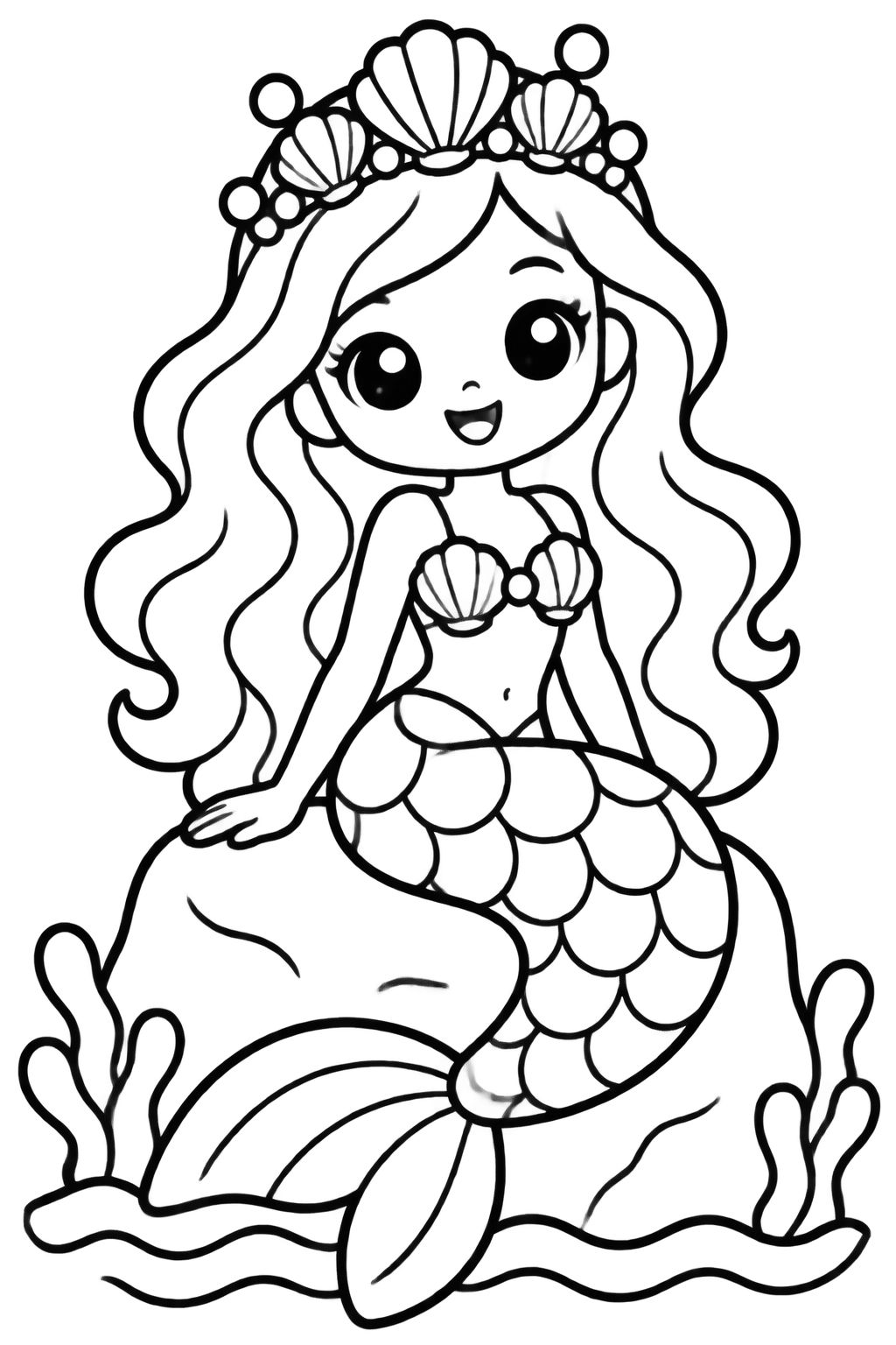Desenho de Pequena Sereia Fofa no Fundo do Mar para Colorir Pequena sereia sorridente sentada em uma rocha no fundo do mar, com tiara de conchas e algas