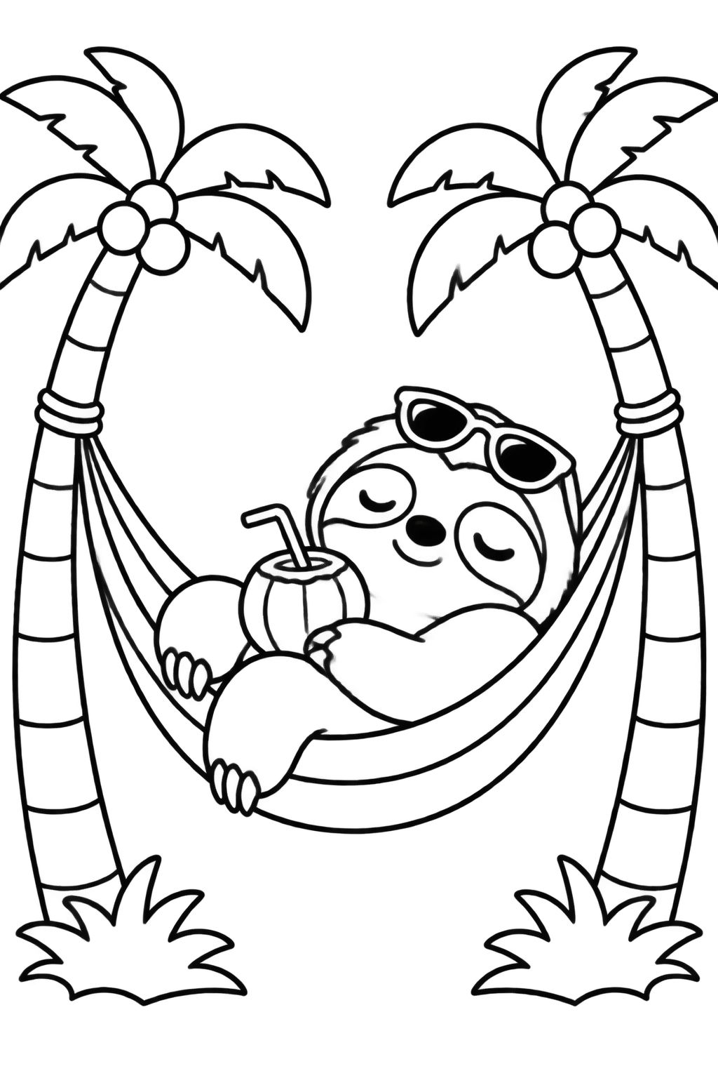 Desenho de Preguiça Relaxando na Rede para Pintar e Divertir Preguiça sorridente usando óculos de sol, descansando em rede entre palmeiras, segurando coco.