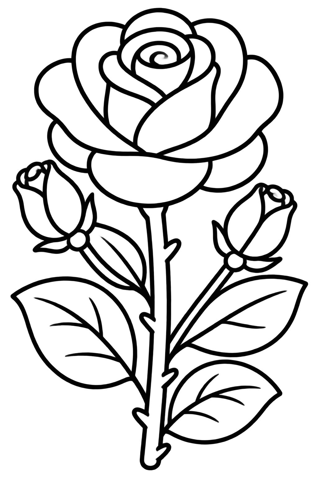 Desenho de Rosa para Colorir com Flores e Jardim Grande rosa centralizada com botões e folhas largas, ideal para pintura criativa
