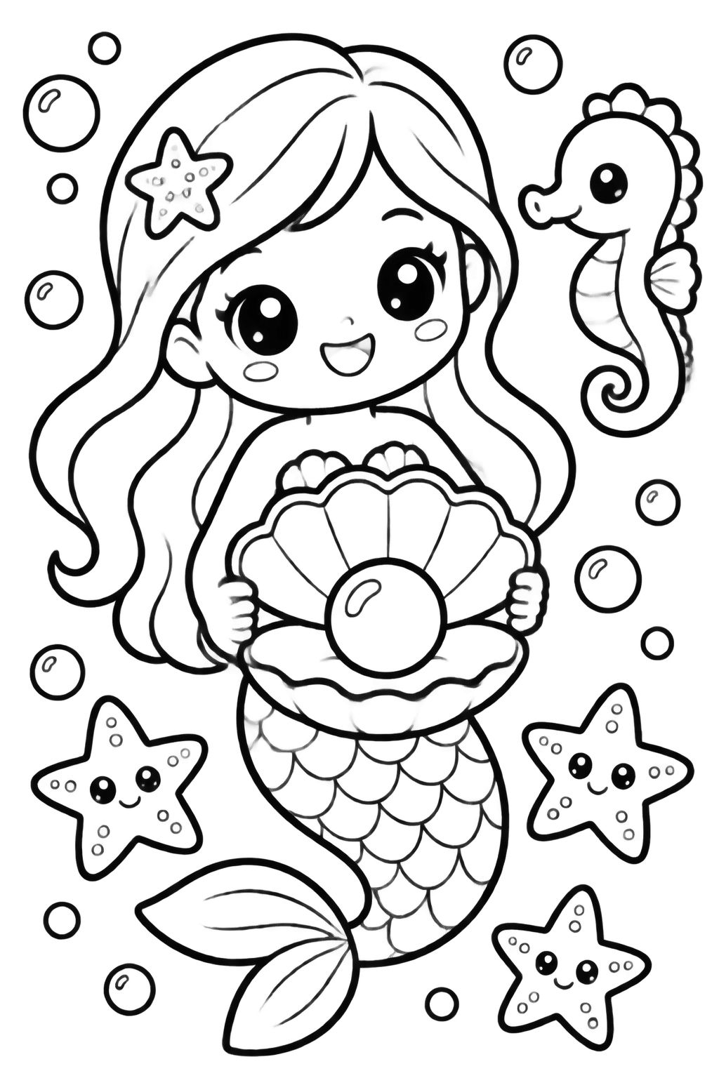 Desenho de Sereia Fofa com Pérola para Pintar e Colorir Sereia sorridente com concha, pérola, estrela-do-mar e cavalo-marinho, em desenho para colorir