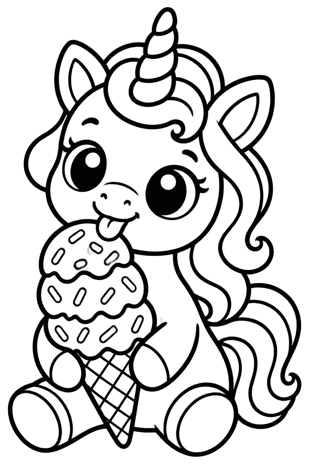 Desenho de Unicórnio com Sorvete para Colorir e Pintar Unicórnio sentado saboreando um sorvete de três bolas com confeitos, em desenho para colorir
