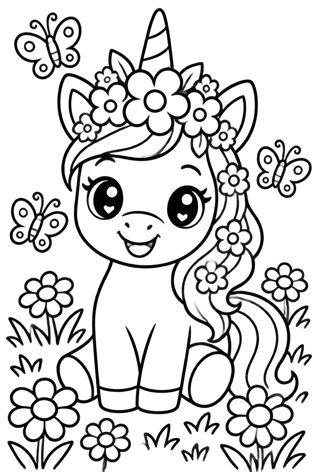 Desenho de Unicórnio Mágico em Jardim para Pintar e Colorir Unicórnio sentado em um jardim florido, com borboletas e coroa de flores, para colorir