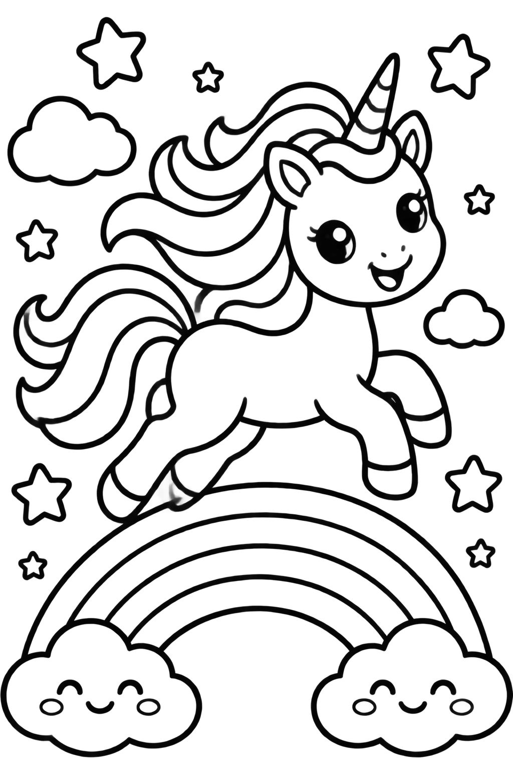 Desenho de Unicórnio no Arco-Íris para Pintar e Colorir Unicórnio sorridente pulando sobre um arco-íris, com nuvens e estrelas, em desenho para colorir