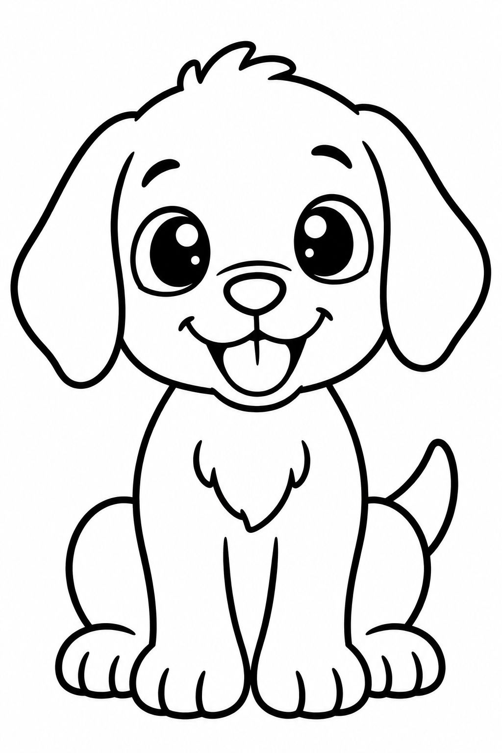 Desenho Fofo de Cachorrinho Sorridente para Pintar Filhote de cachorro sentado com olhos grandes, boca aberta, língua de fora e rabo empinado em traços simples.
