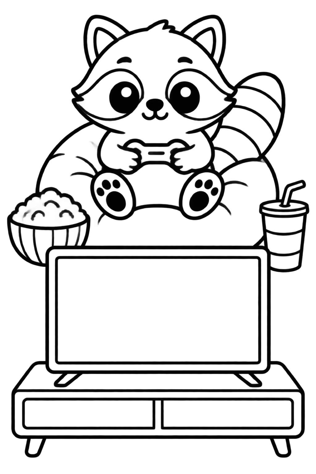 Desenho guaxinim jogando videogame sentado confortavelmente Guaxinim fofo sentado em poltrona jogando videogame com tigela de pipoca ao lado