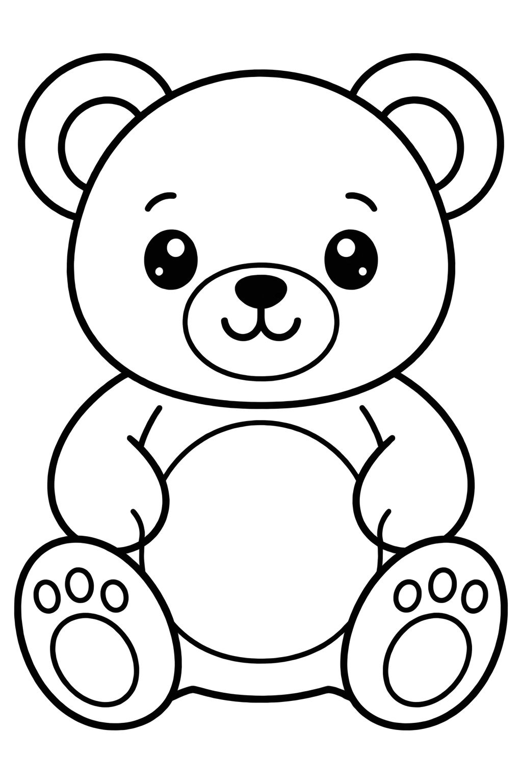 Desenhos de Animais para Colorir: Urso Fofo com Sorriso Urso de pelúcia sentado com traços pretos em fundo branco, apresentando grandes olhos e barriga circular.