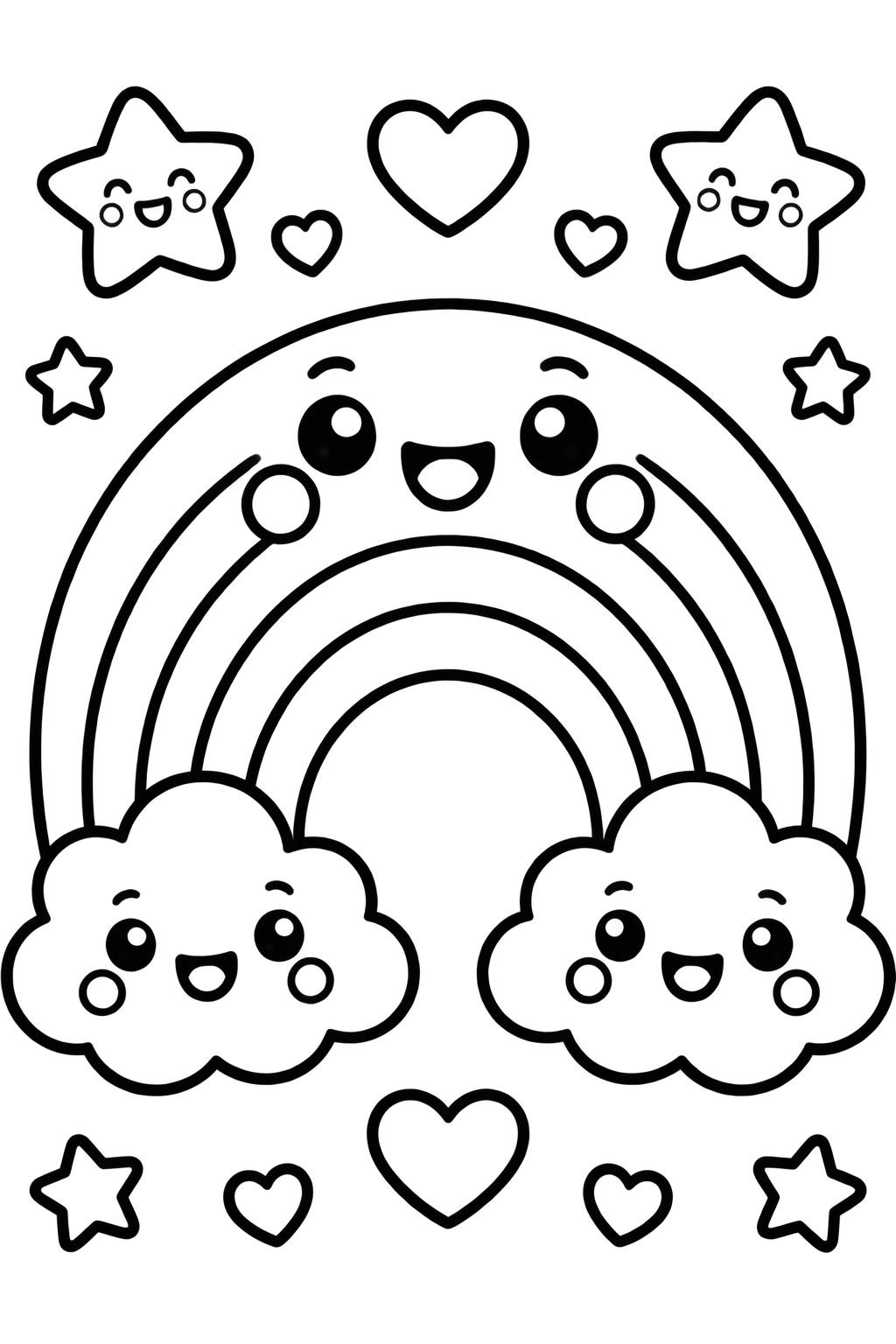 Desenhos de Arco-Íris Mágico e Nuvens Felizes para Colorir Arco-íris sorridente com nuvens fofas, estrelas amigáveis e corações, em desenho para colorir