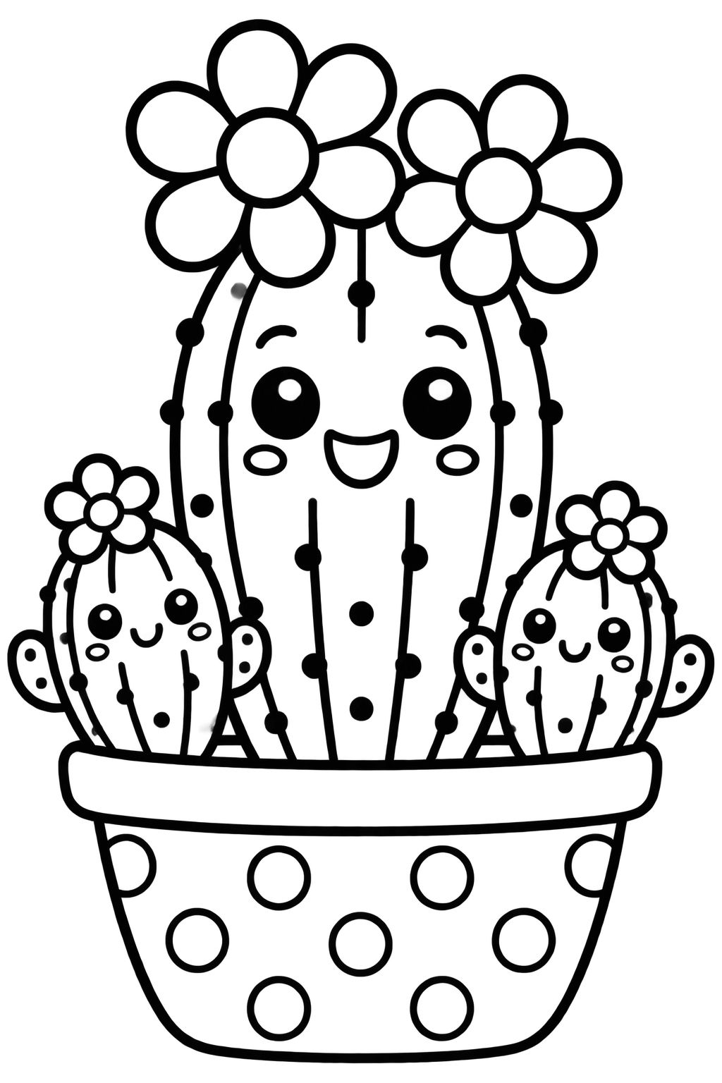 Desenhos de cactos fofos em vaso para colorir e pintar Três cactos sorridentes plantados em um vaso com flores para colorir e divertir as crianças