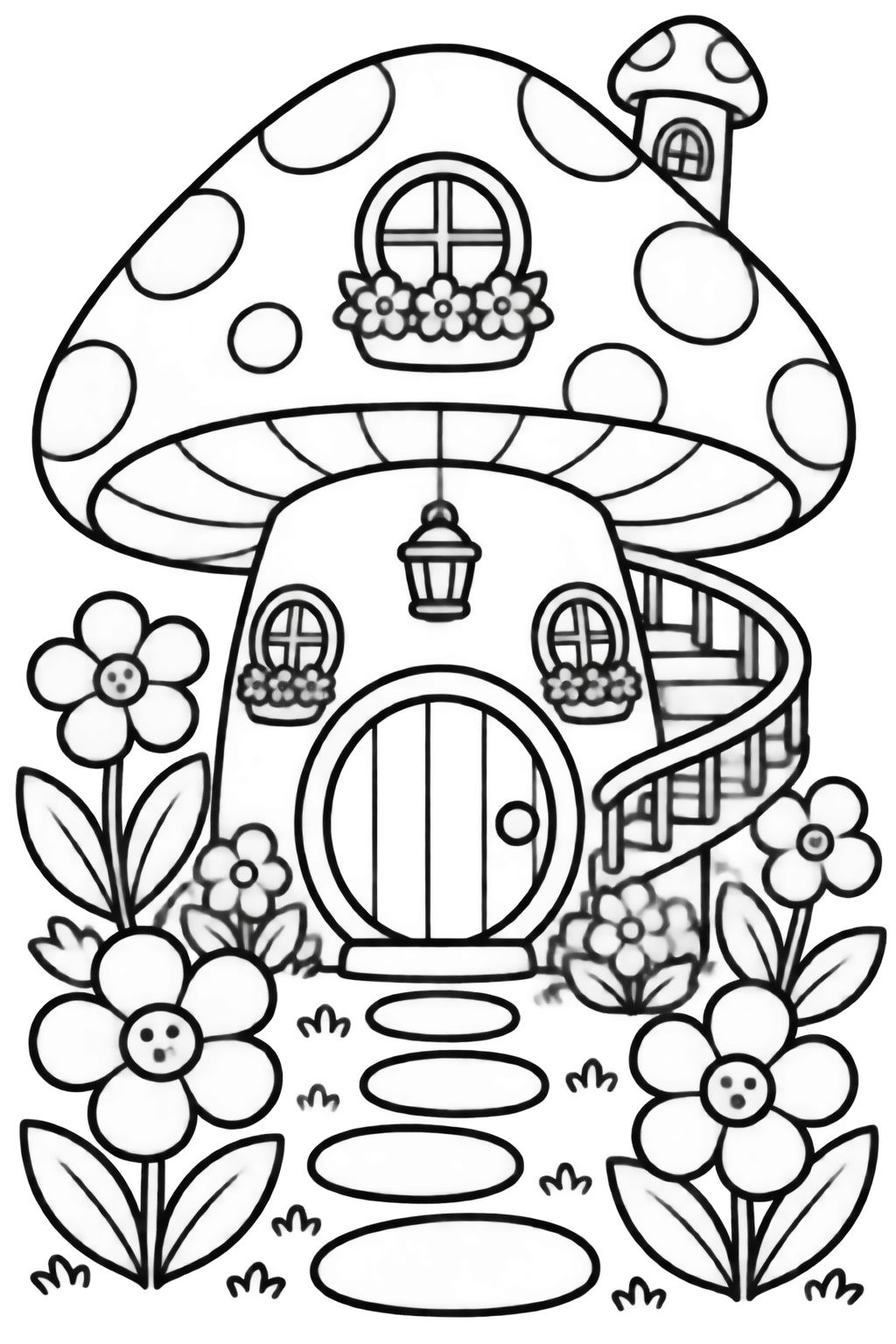 Desenhos de Cogumelo Mágico para Pintar e Colorir Casa em formato de cogumelo gigante com porta redonda e escada em espiral, para colorir