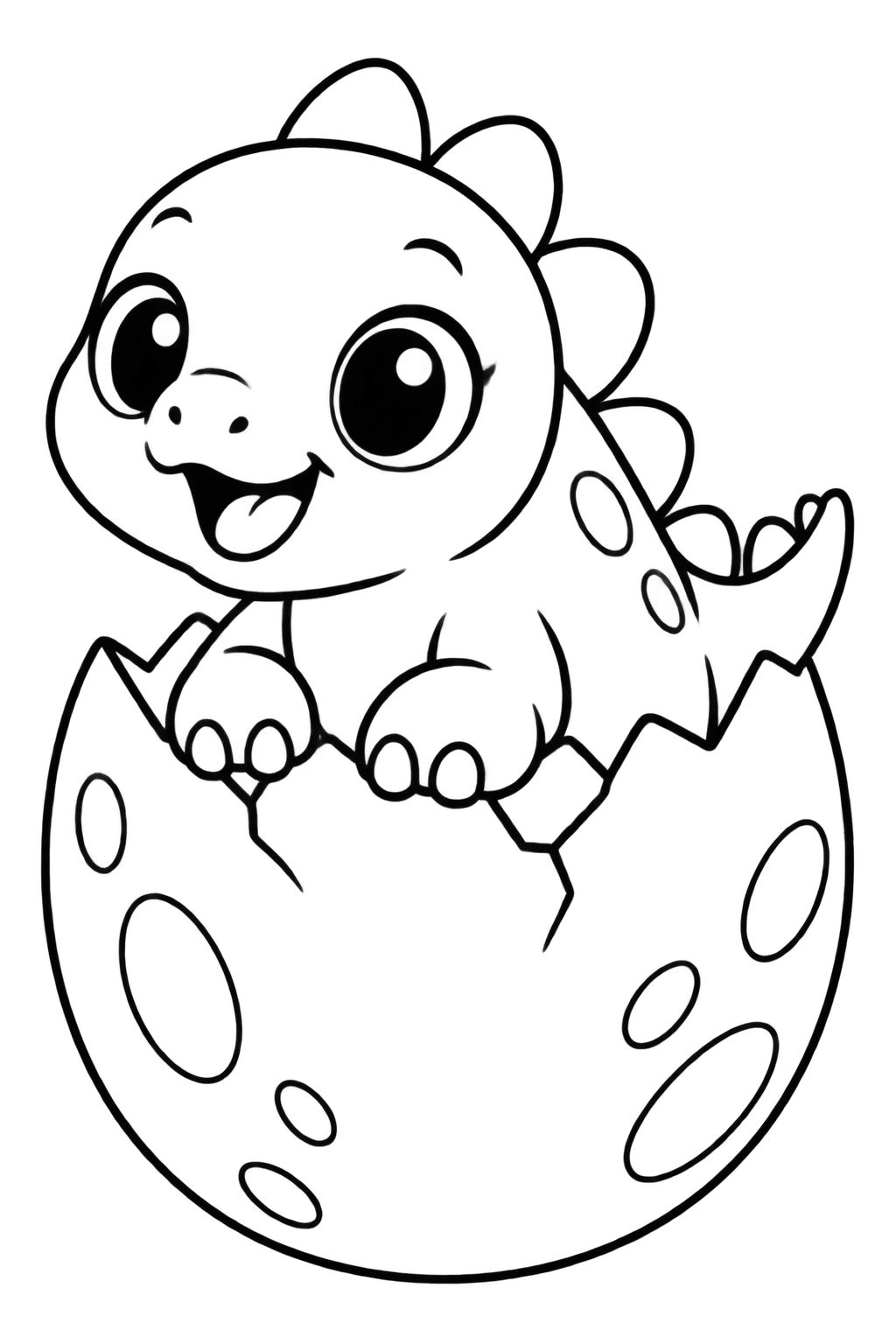 Desenhos de Dinossauro Fofo Saindo do Ovo para Colorir Filhote de dinossauro sorridente nascendo de um ovo quebrado com grandes olhos e placas nas costas.