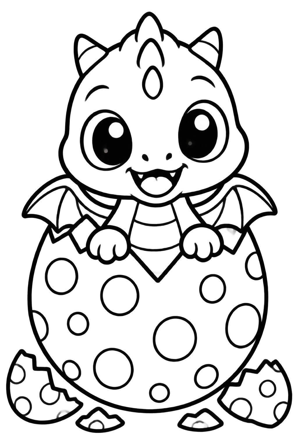 Desenhos de Dragão Fofo Nascendo do Ovo para Colorir Filhote de dragão sorridente saindo de um ovo com bolinhas, em desenho para colorir
