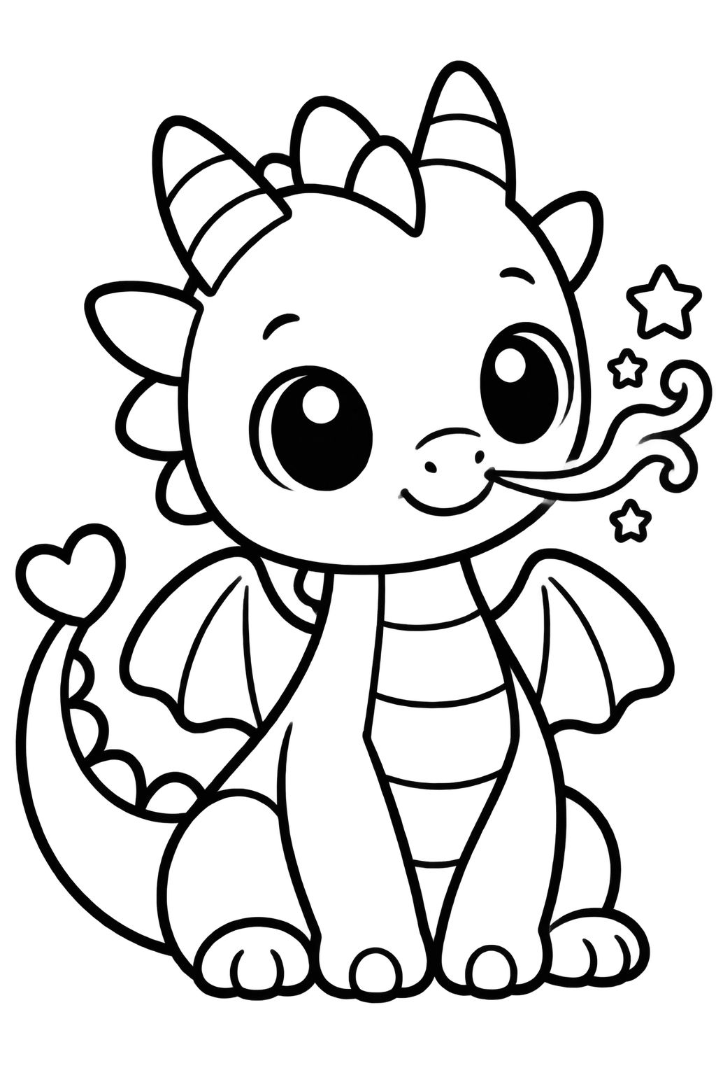 Desenhos de Dragão Fofo para Colorir e Soltar Estrelas Dragãozinho amigável de asas abertas e cauda em formato de coração, para colorir