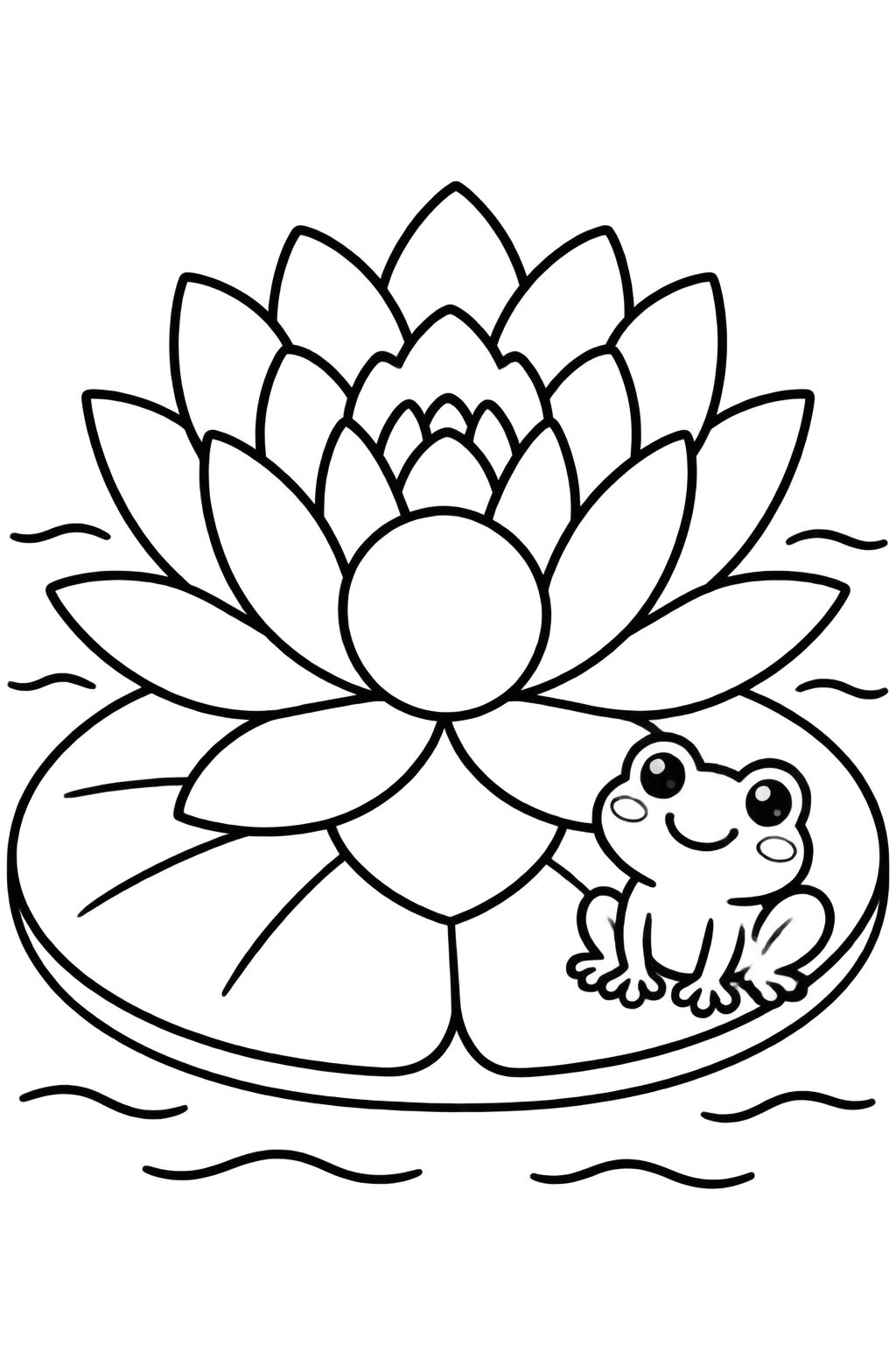 Desenhos de Flores e Jardim com Flor de Lótus e Sapo Fofo Flor de lótus desabrochando sobre a água com um pequeno sapo sorridente na borda da folha