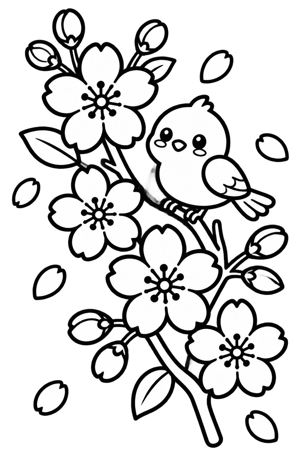 Desenhos de Flores e Jardim com Passarinho para Colorir Ramo de cerejeira em flor com um passarinho curioso empoleirado, pronto para receber pintura e cores