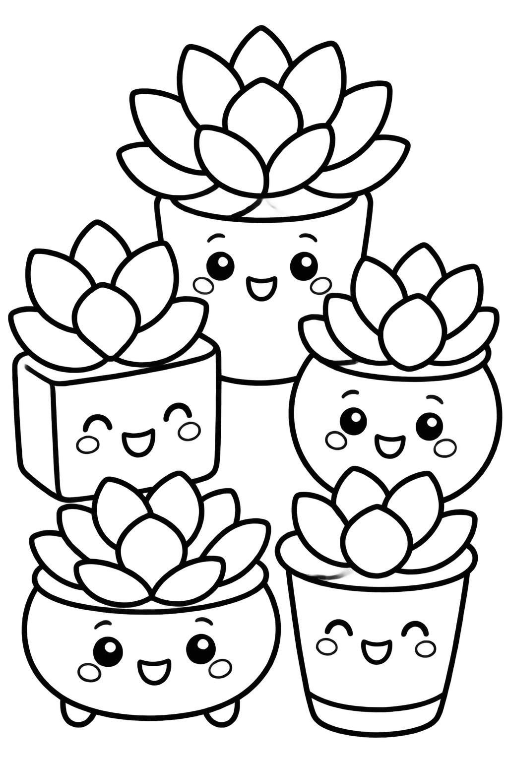 Desenhos de Flores e Jardim com Vasos de Suculentas Atividade com cinco vasos de plantas suculentas com rostos alegres e sorrisos para pintar com lápis de cor
